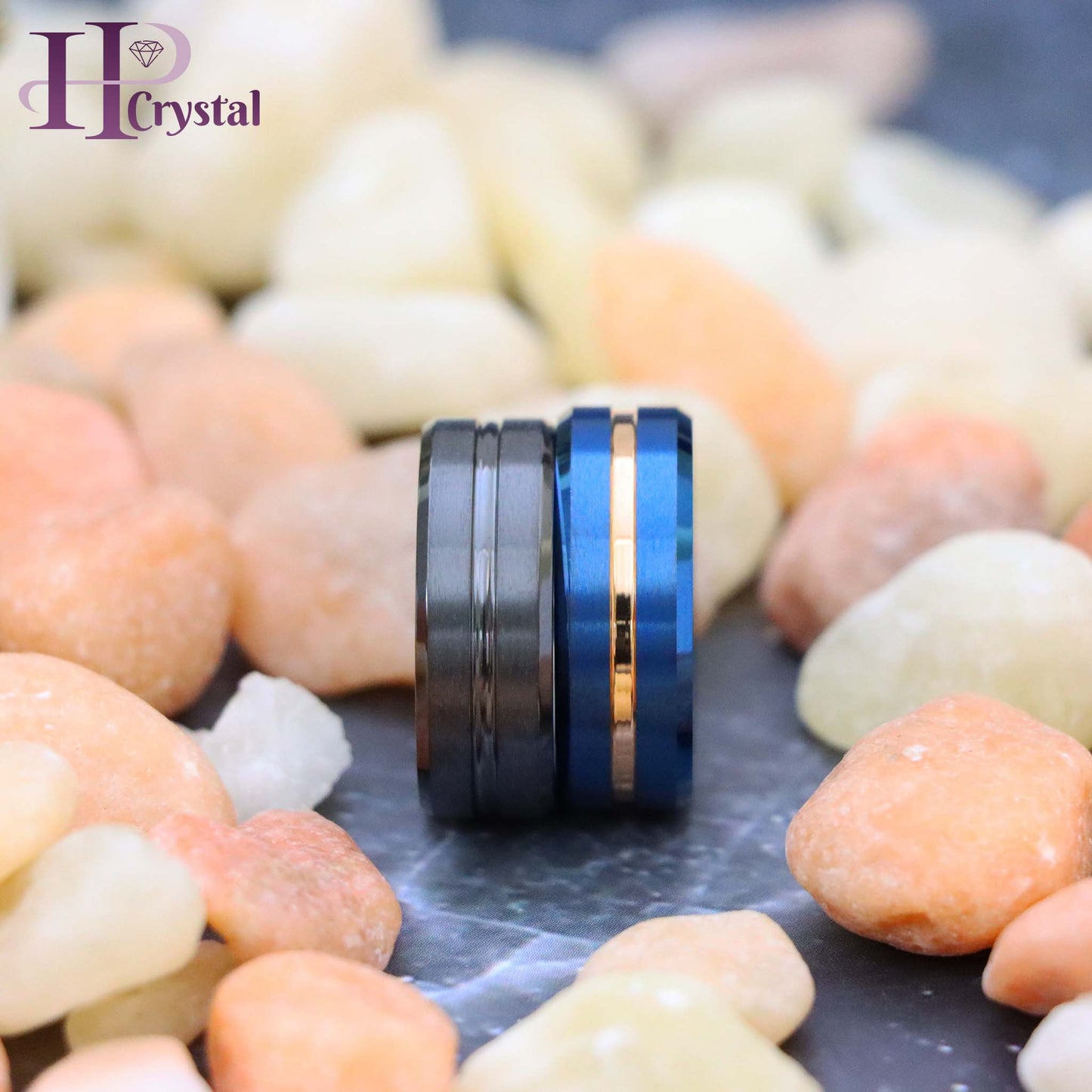 Zirconium Natural Gun Metal Grooved Center Ring Blue IP Brushed with Rose Gold IP Grooved Center Beveled Edge Tungsten Ring