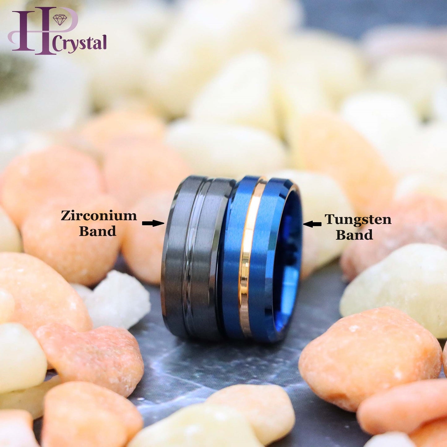 Zirconium Natural Gun Metal Grooved Center Ring Blue IP Brushed with Rose Gold IP Grooved Center Beveled Edge Tungsten Ring