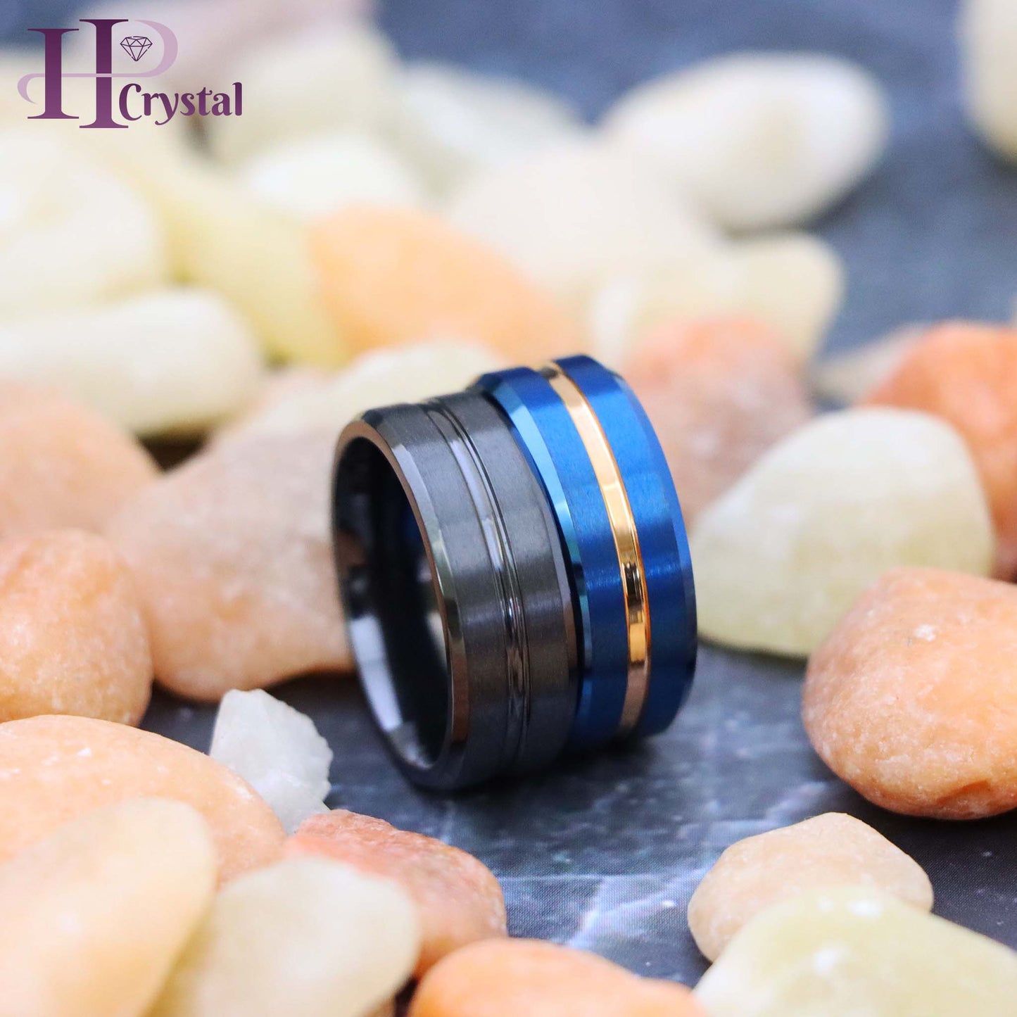 Zirconium Natural Gun Metal Grooved Center Ring Blue IP Brushed with Rose Gold IP Grooved Center Beveled Edge Tungsten Ring