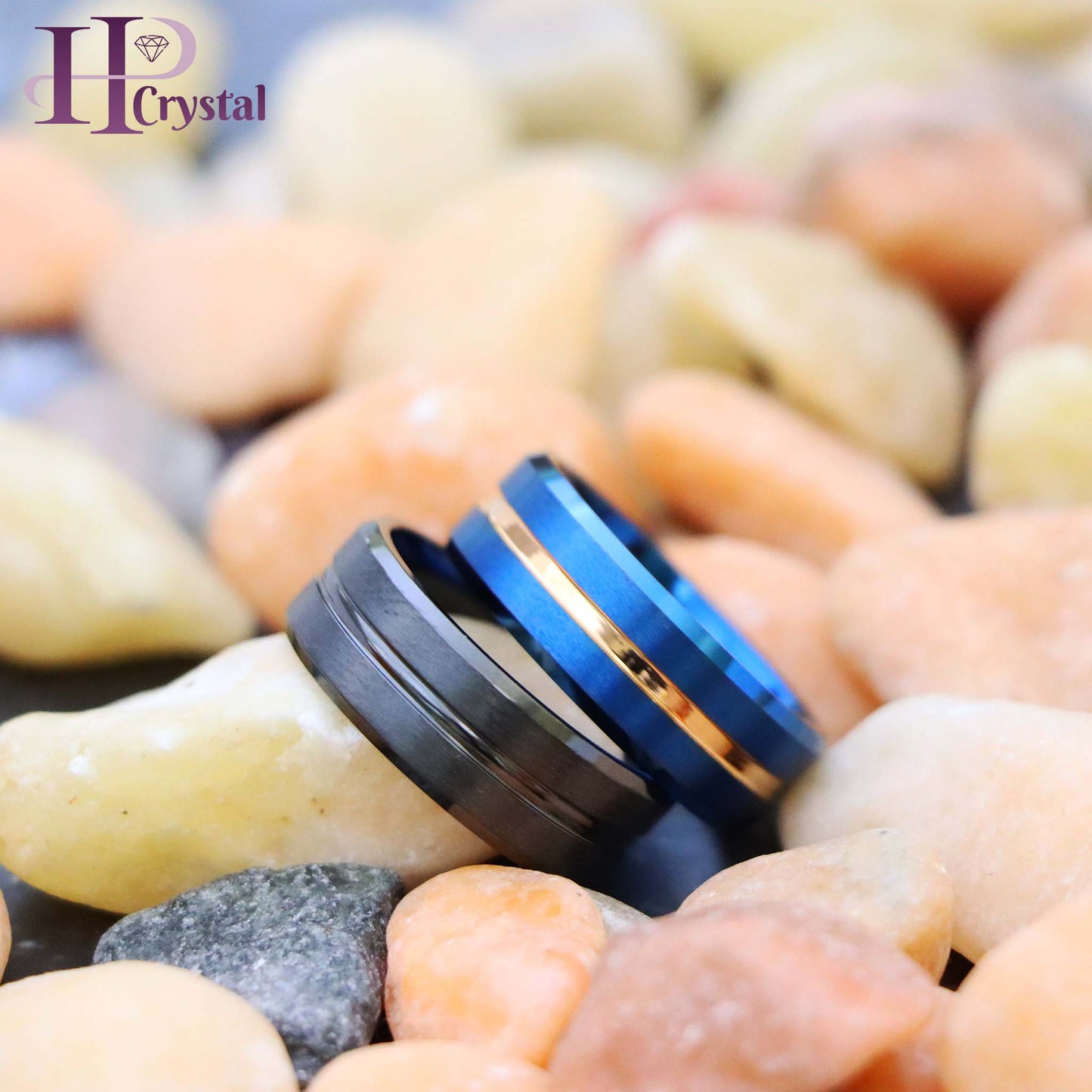 Zirconium Natural Gun Metal Grooved Center Ring Blue IP Brushed with Rose Gold IP Grooved Center Beveled Edge Tungsten Ring