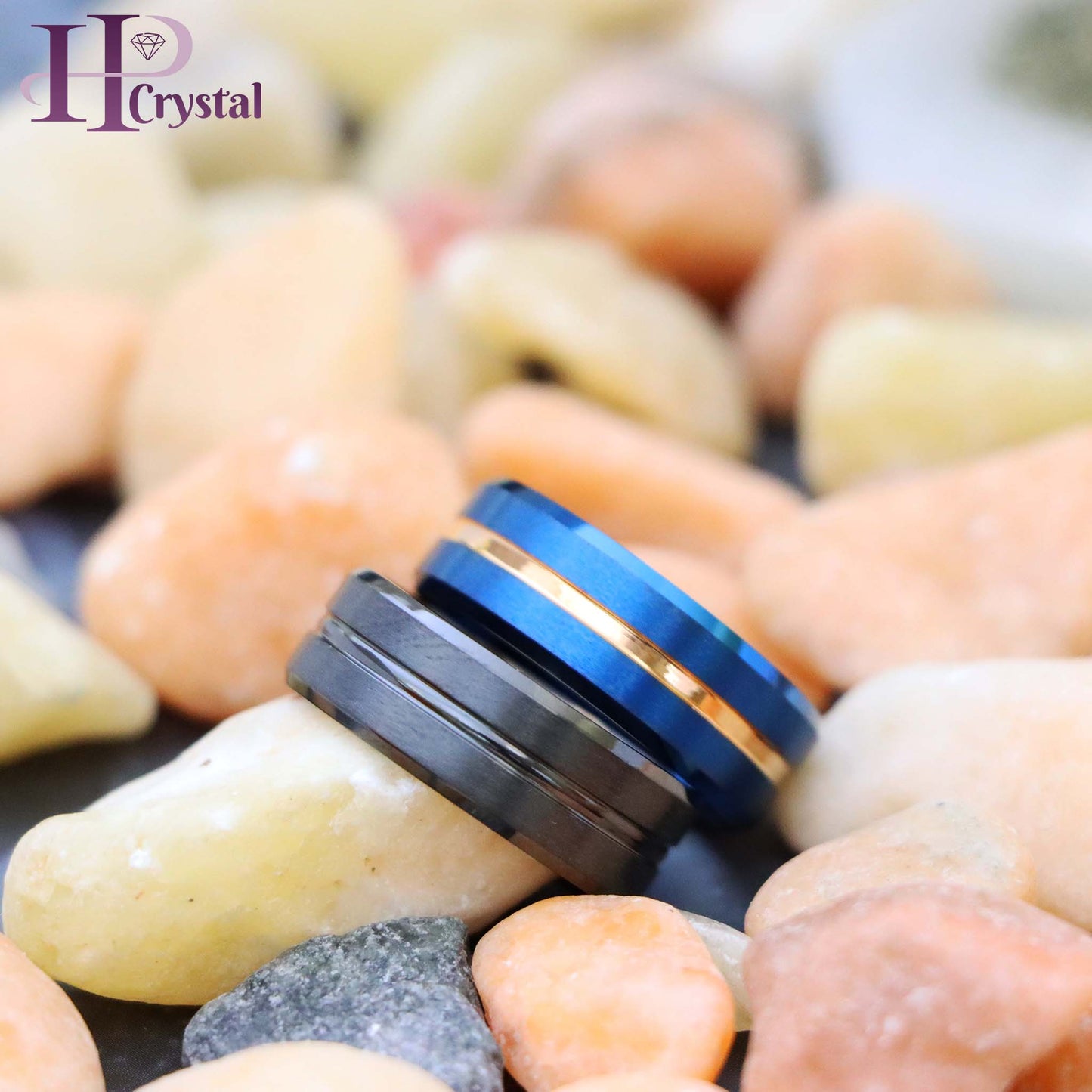 Zirconium Natural Gun Metal Grooved Center Ring Blue IP Brushed with Rose Gold IP Grooved Center Beveled Edge Tungsten Ring