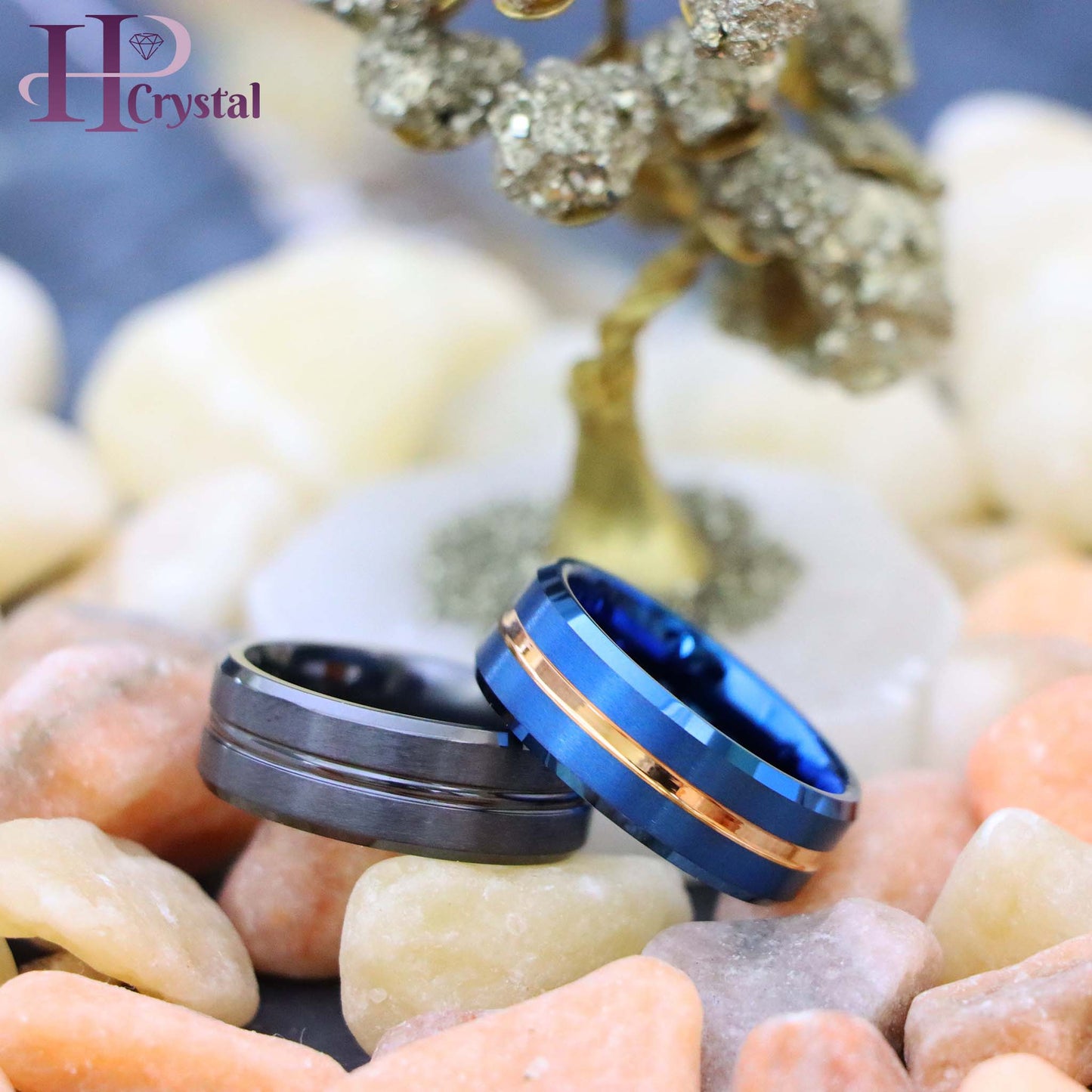 Zirconium Natural Gun Metal Grooved Center Ring Blue IP Brushed with Rose Gold IP Grooved Center Beveled Edge Tungsten Ring