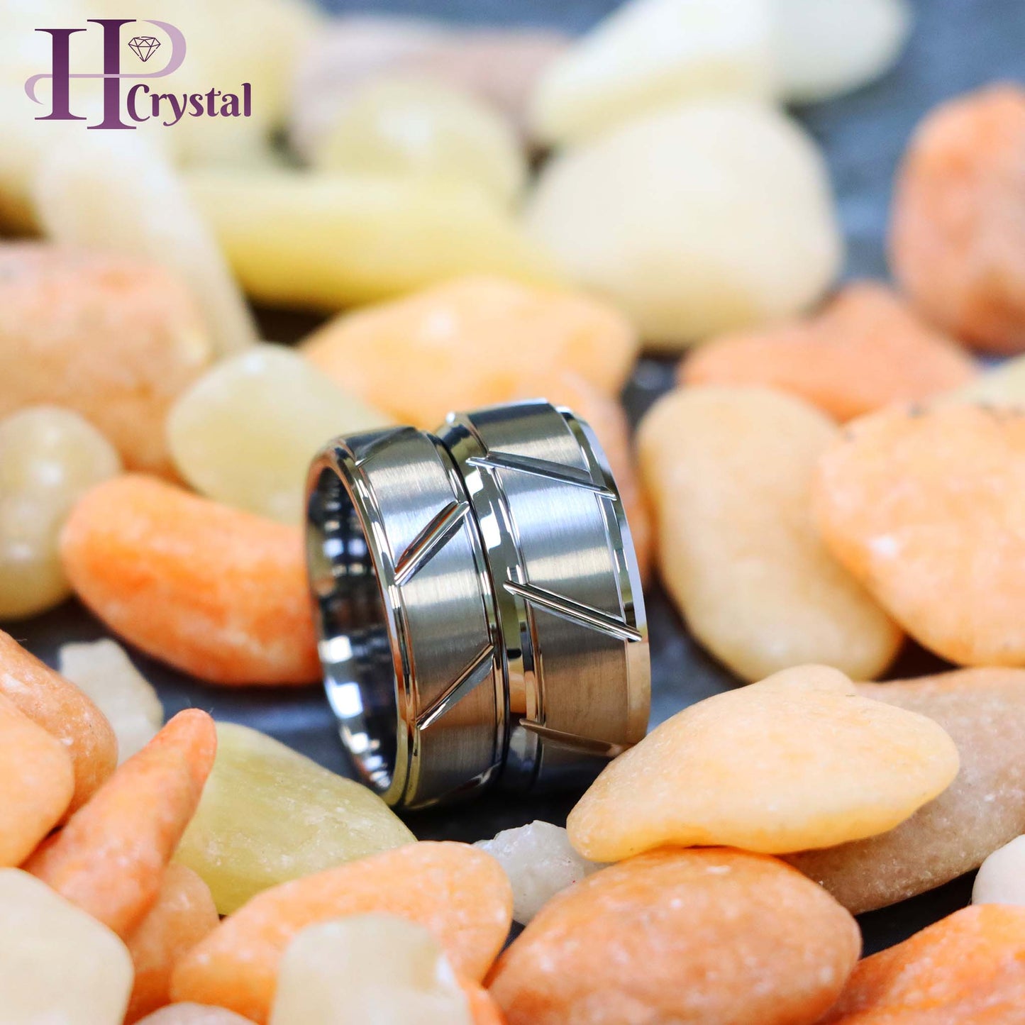 Multiple Diagonal Grooves Brushed Center Tungsten Ring
