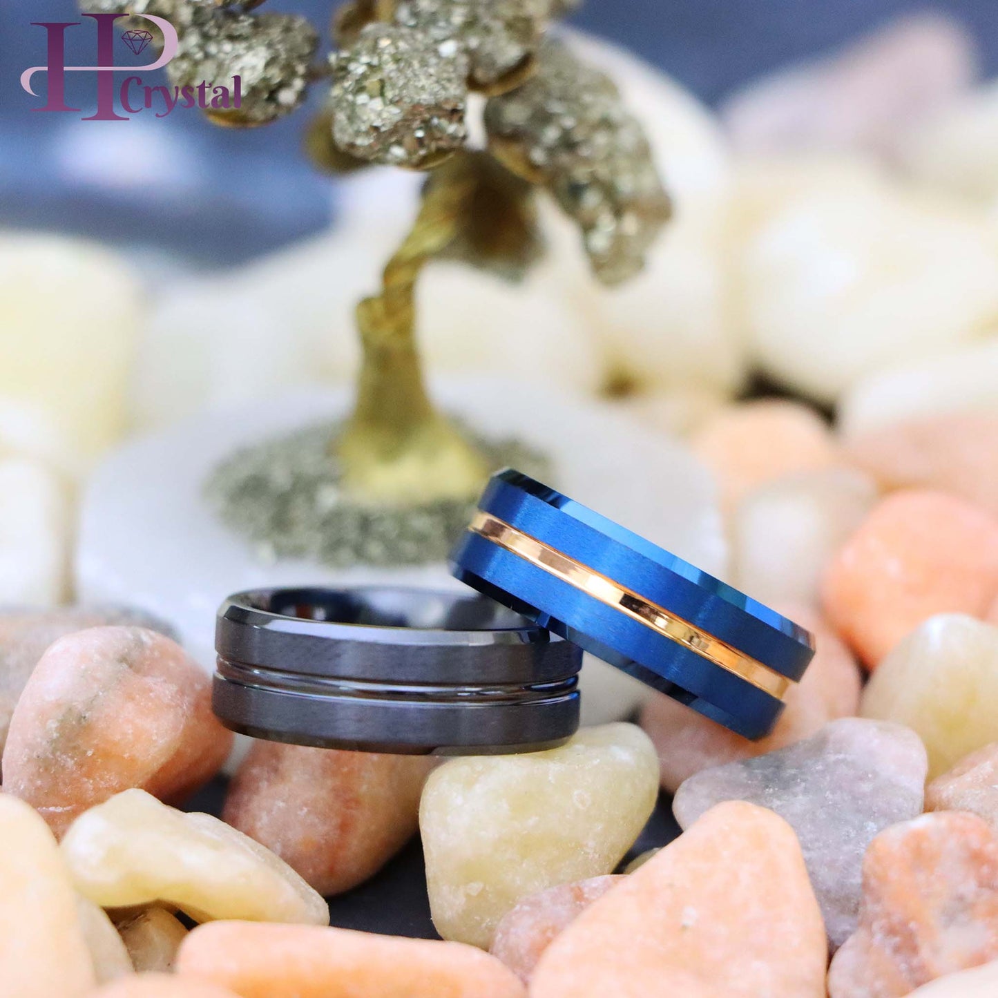 Zirconium Natural Gun Metal Grooved Center Ring Blue IP Brushed with Rose Gold IP Grooved Center Beveled Edge Tungsten Ring