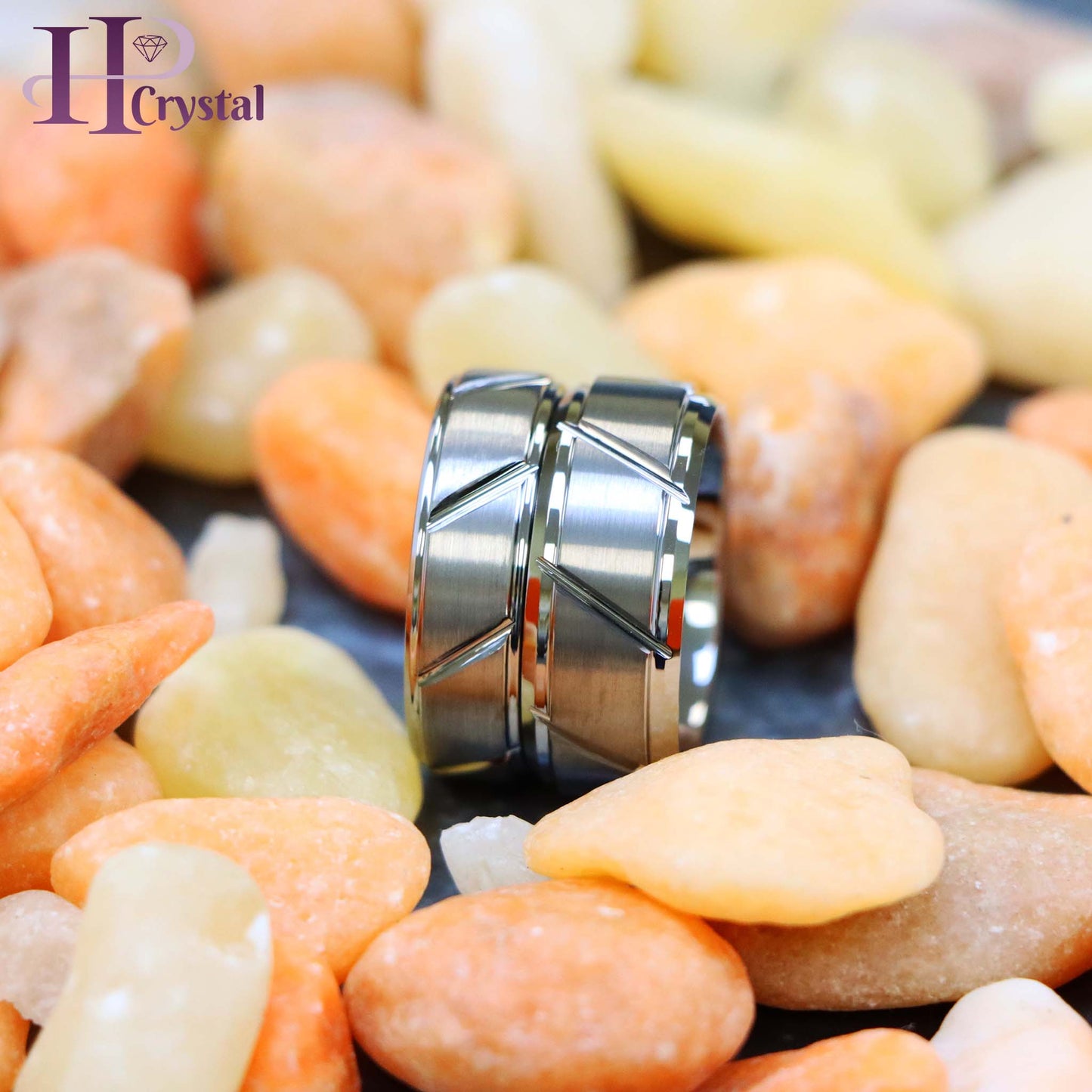 Multiple Diagonal Grooves Brushed Center Tungsten Ring