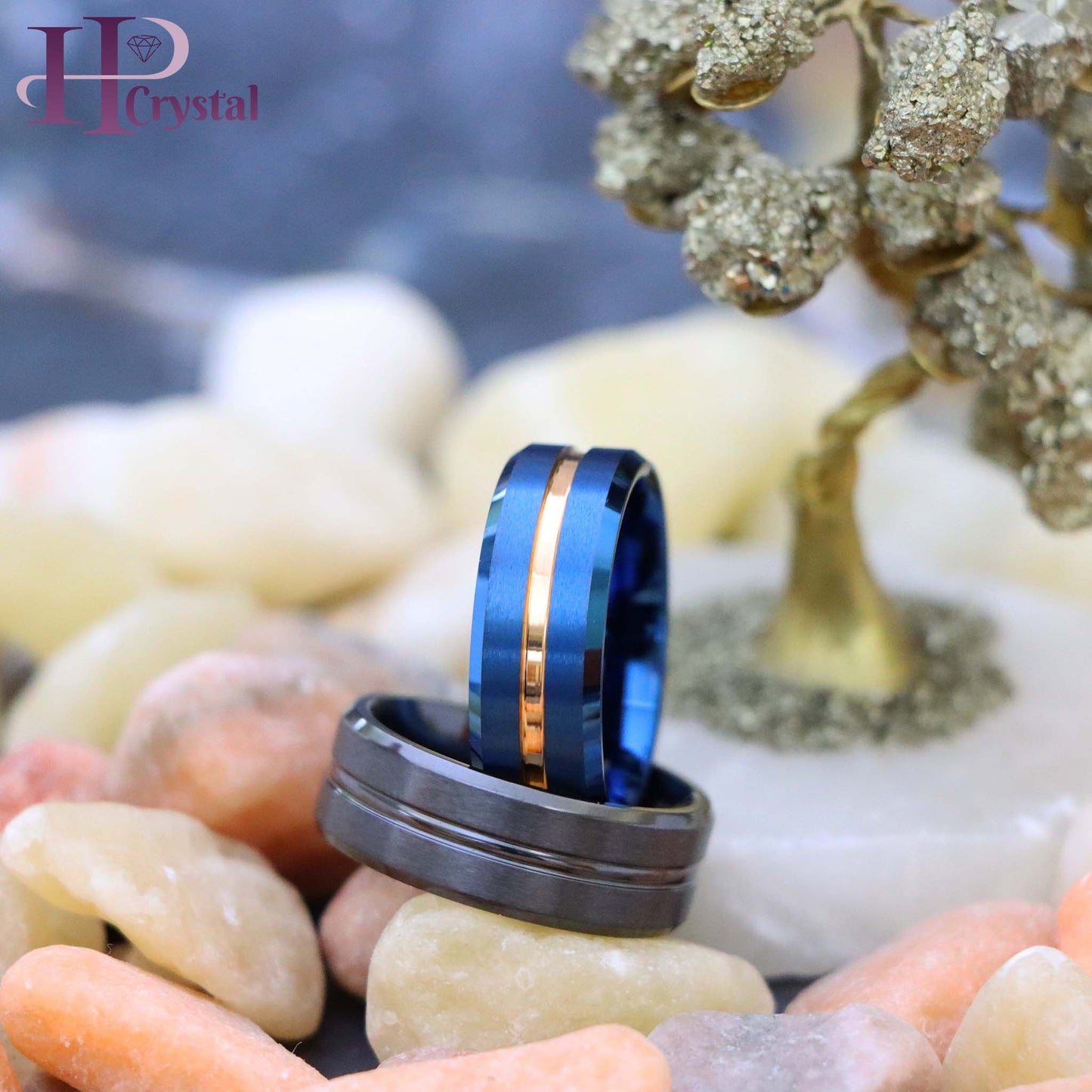 Zirconium Natural Gun Metal Grooved Center Ring Blue IP Brushed with Rose Gold IP Grooved Center Beveled Edge Tungsten Ring
