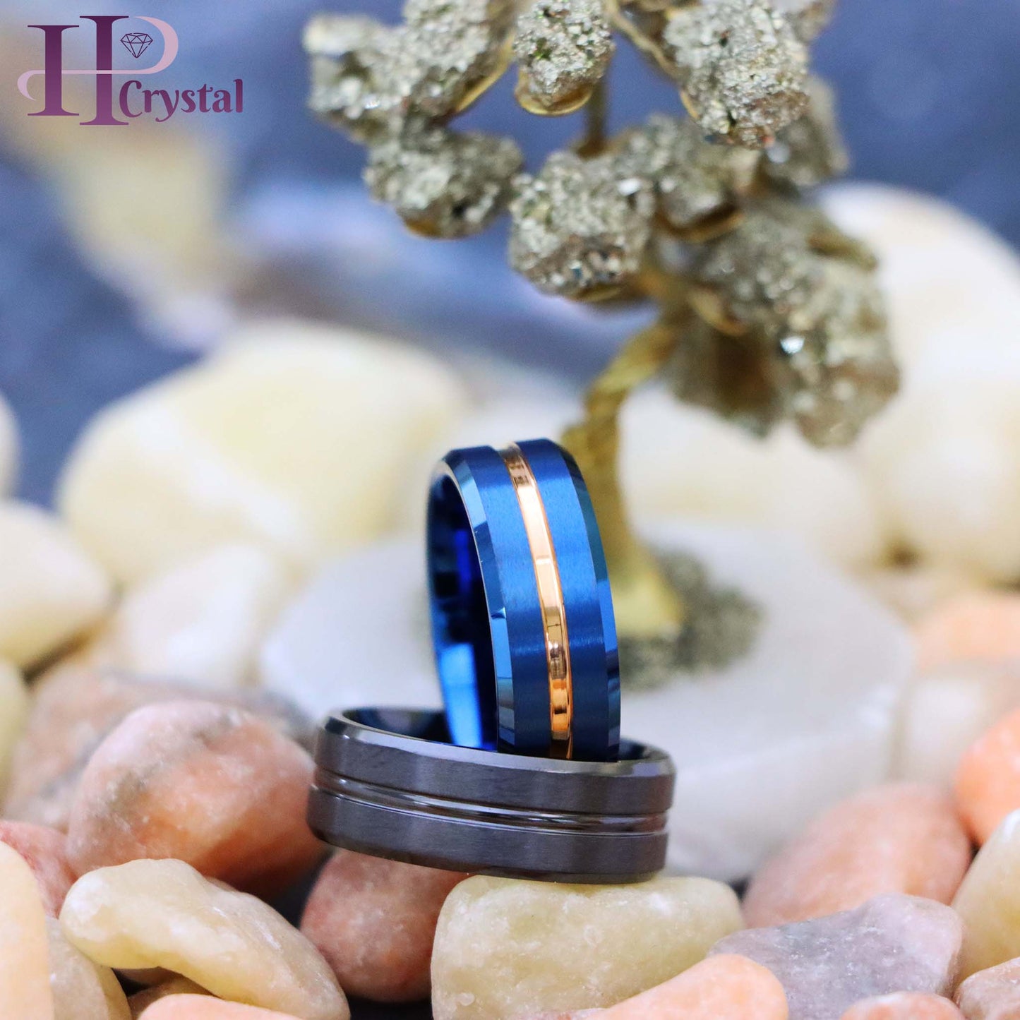 Zirconium Natural Gun Metal Grooved Center Ring Blue IP Brushed with Rose Gold IP Grooved Center Beveled Edge Tungsten Ring