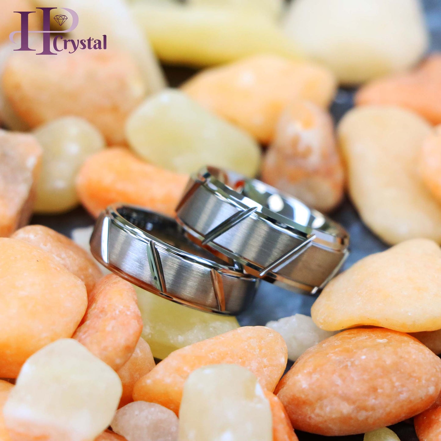 Multiple Diagonal Grooves Brushed Center Tungsten Ring