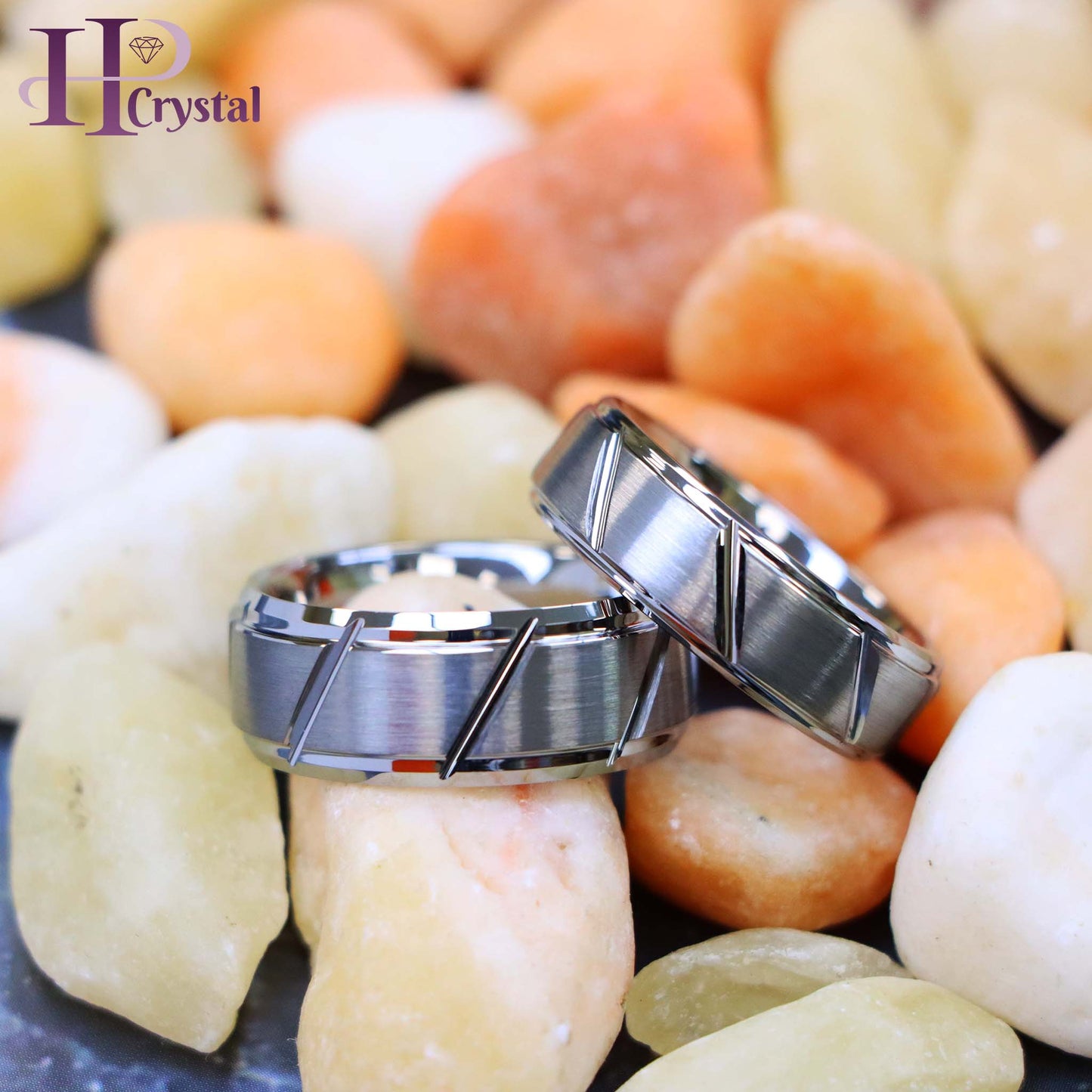 Multiple Diagonal Grooves Brushed Center Tungsten Ring