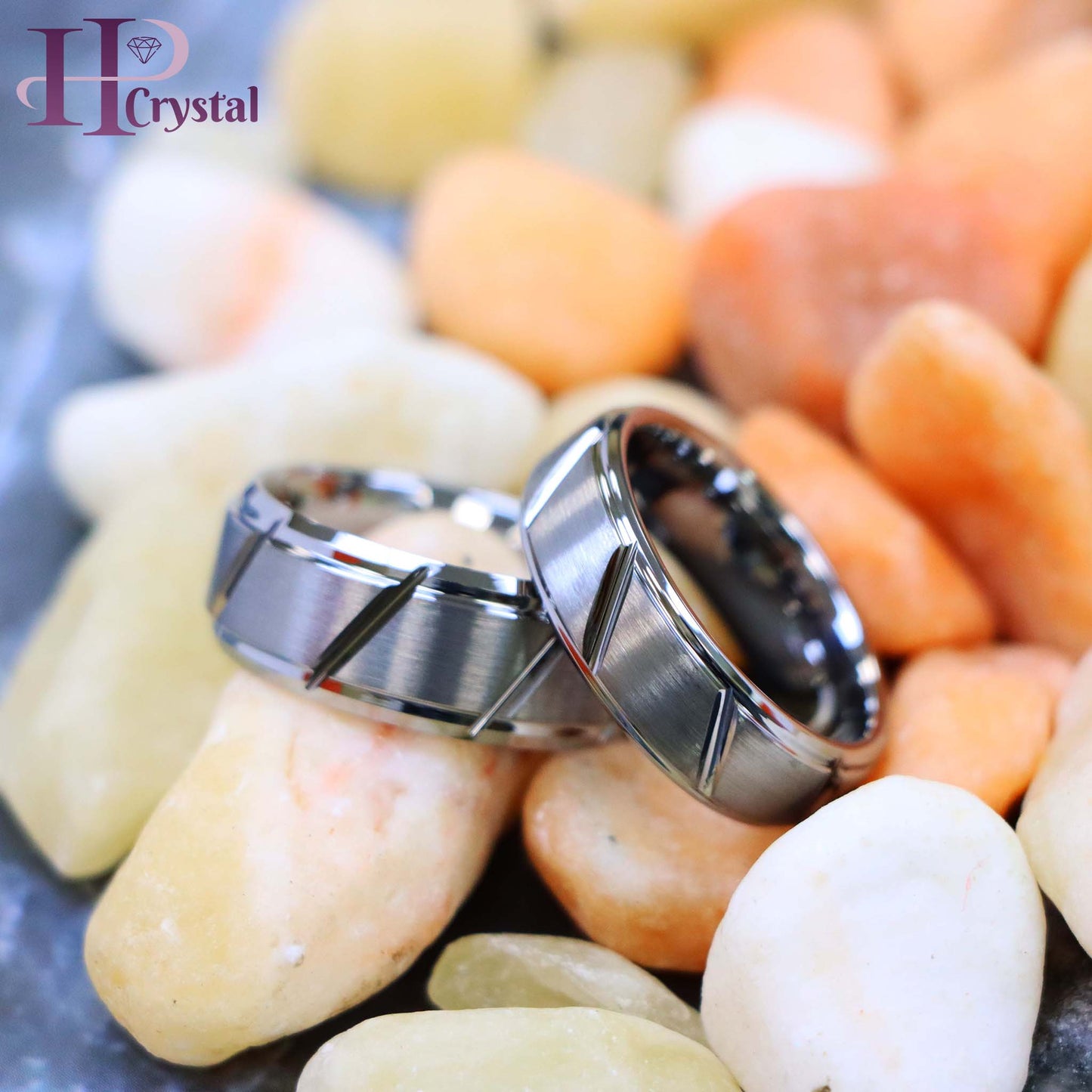 Multiple Diagonal Grooves Brushed Center Tungsten Ring