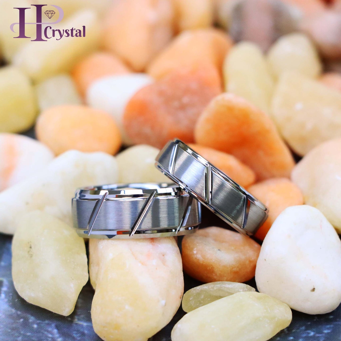 Multiple Diagonal Grooves Brushed Center Tungsten Ring
