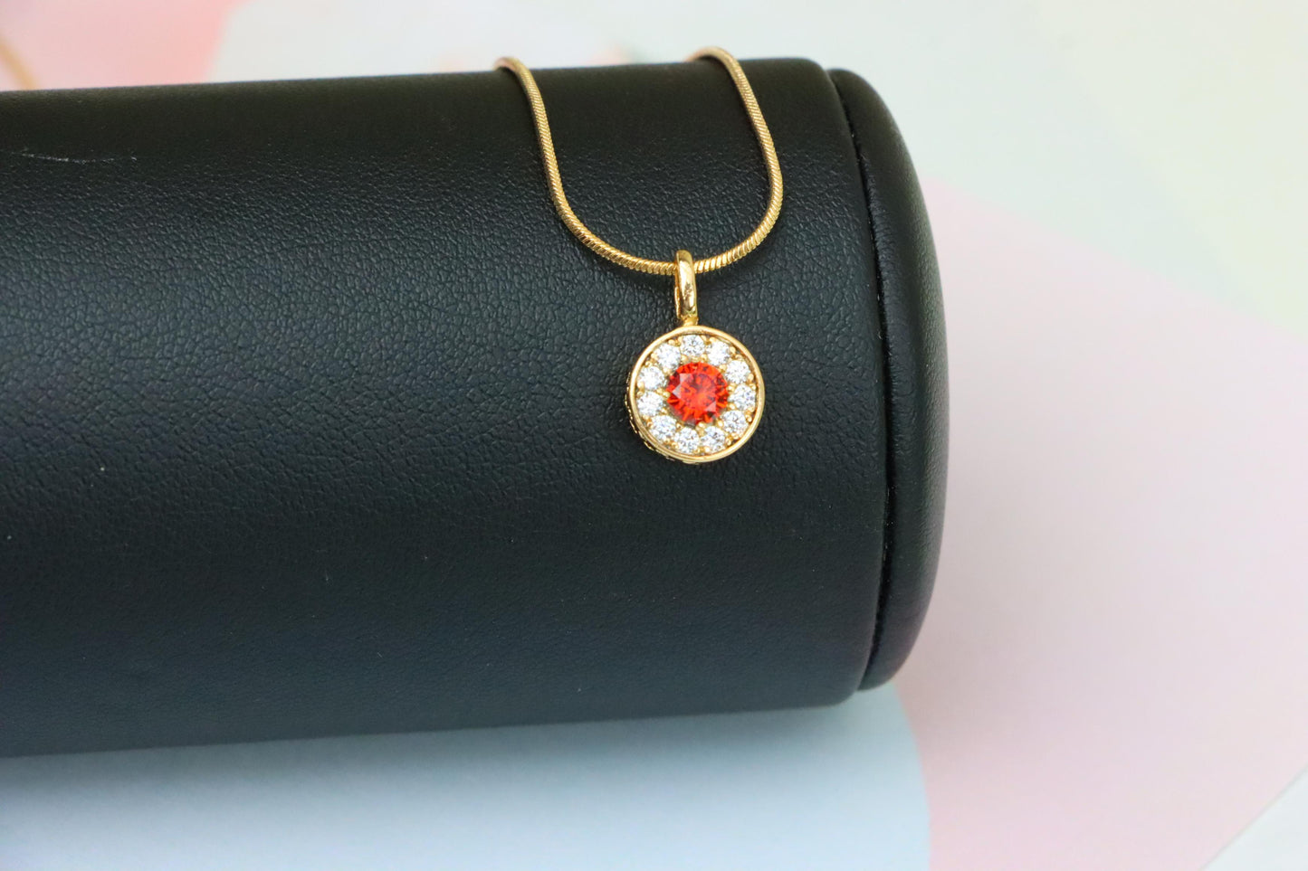 Round Red Center Pendant with Crystal Halo in Rose Gold, XPPT1592 (2146-9)