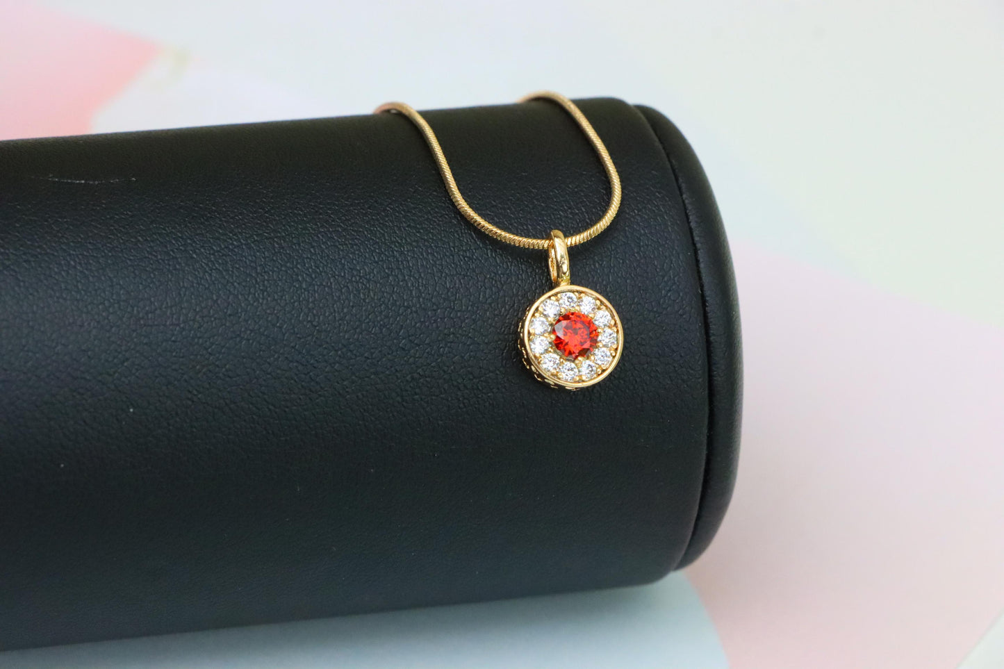 Round Red Center Pendant with Crystal Halo in Rose Gold, XPPT1592 (2146-9)