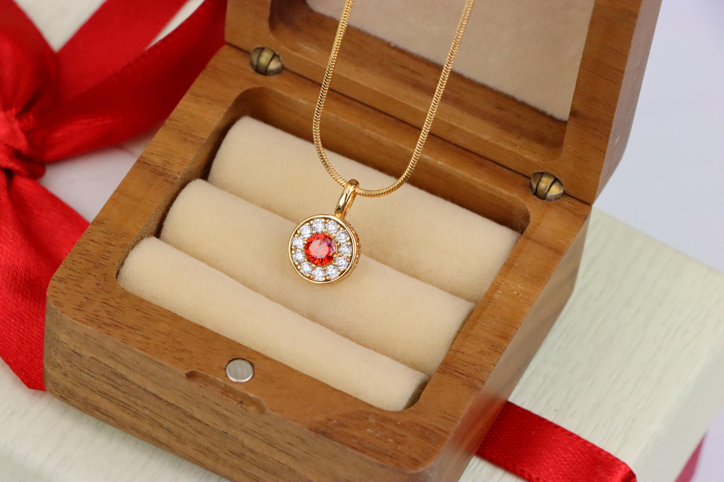 Round Red Center Pendant with Crystal Halo in Rose Gold, XPPT1592 (2146-9)