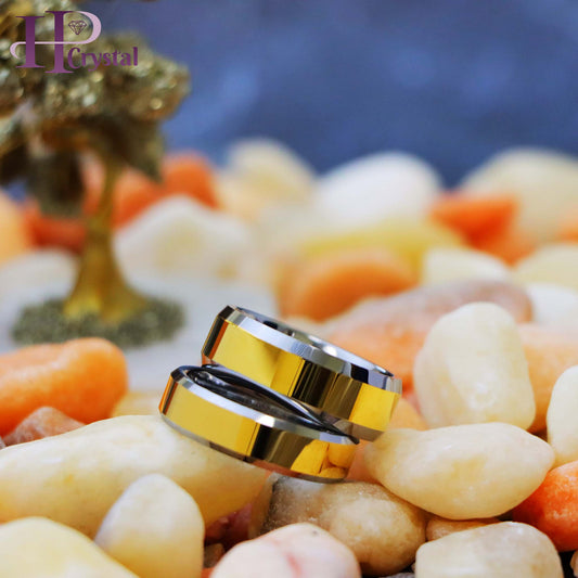 Polished Shiny Gold Plated Center & Beveled Edge Tungsten Ring (MARET167)