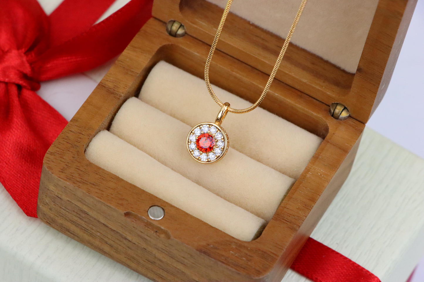 Round Red Center Pendant with Crystal Halo in Rose Gold, XPPT1592 (2146-9)