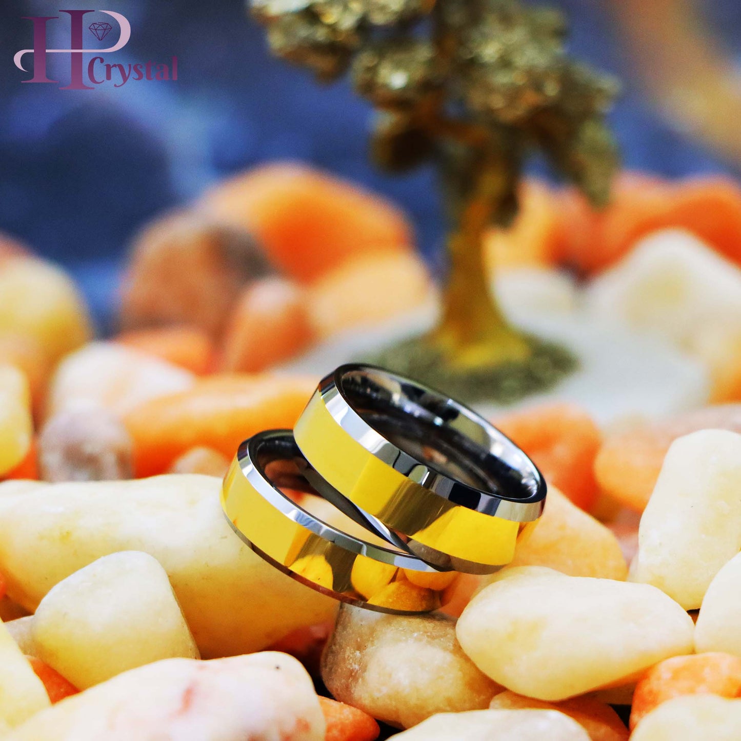 Polished Shiny Gold Plated Center & Beveled Edge Tungsten Ring (MARET167)