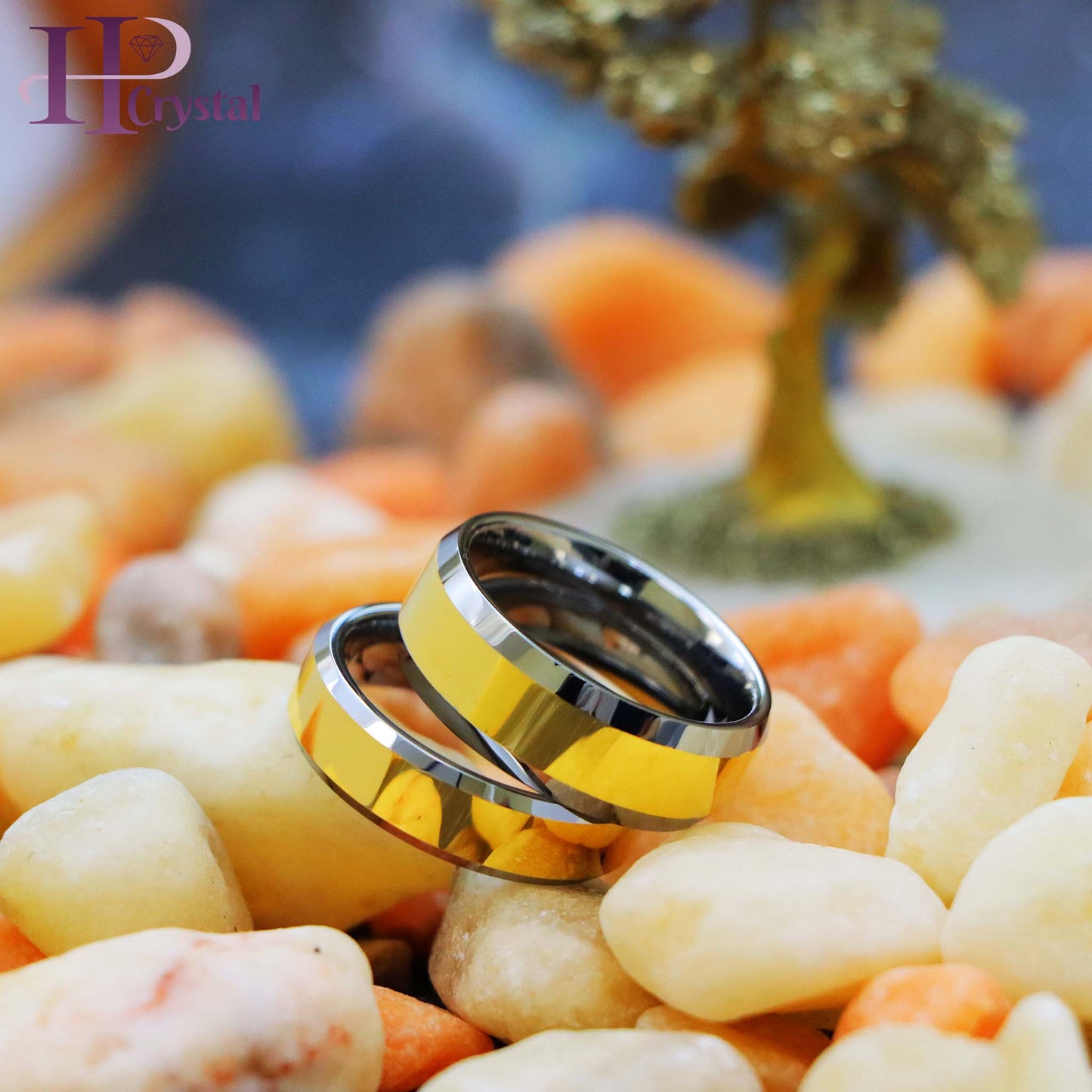 Polished Shiny Gold Plated Center & Beveled Edge Tungsten Ring (MARET167)