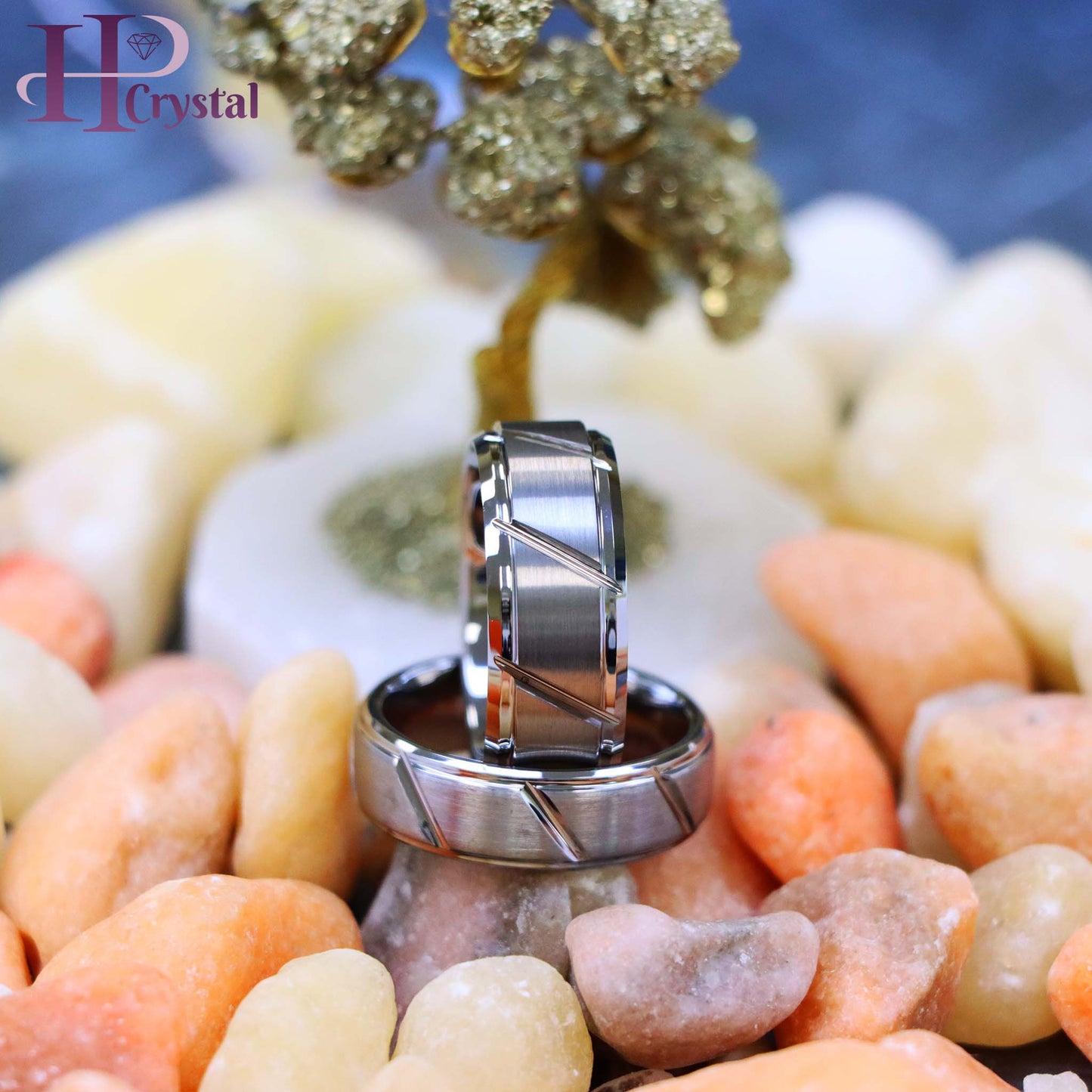 Multiple Diagonal Grooves Brushed Center Tungsten Ring