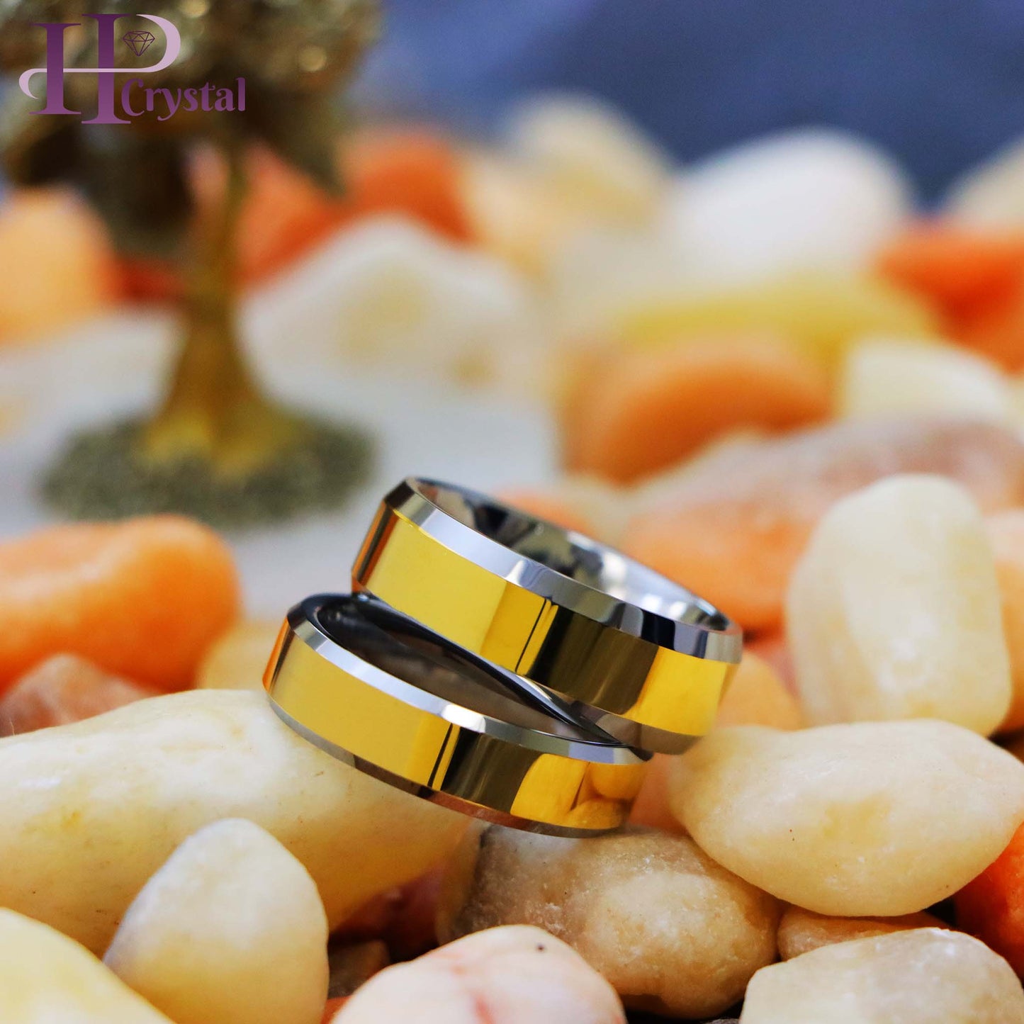 Polished Shiny Gold Plated Center & Beveled Edge Tungsten Ring (MARET167)