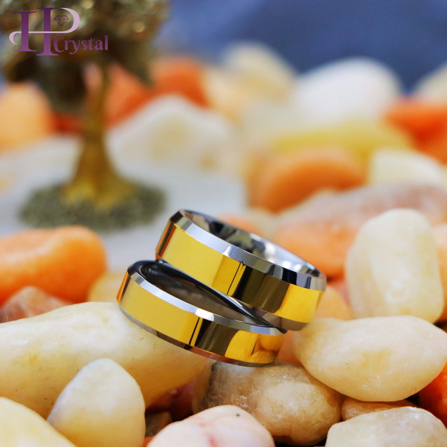 Polished Shiny Gold Plated Center & Beveled Edge Tungsten Ring (MARET167)