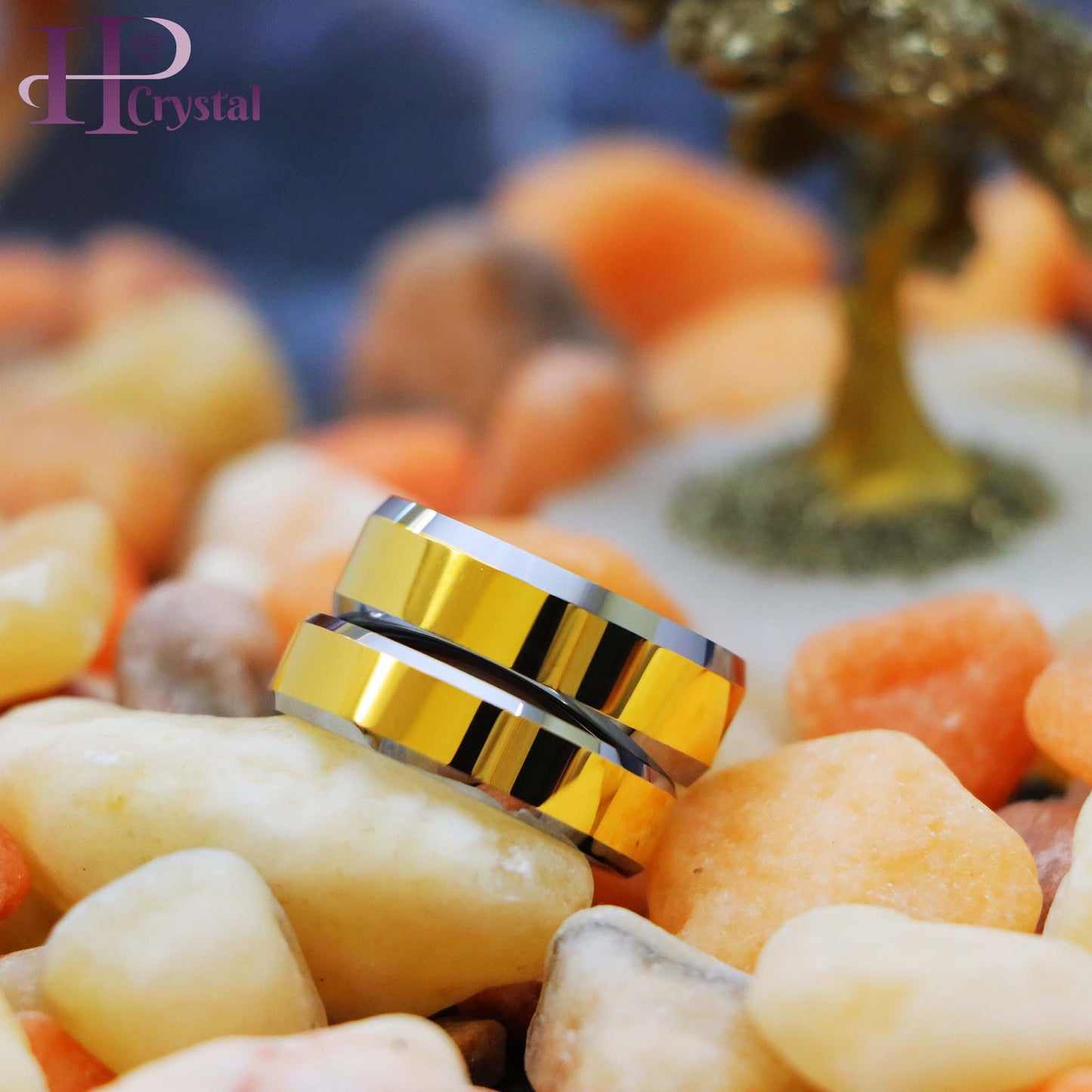 Polished Shiny Gold Plated Center & Beveled Edge Tungsten Ring (MARET167)