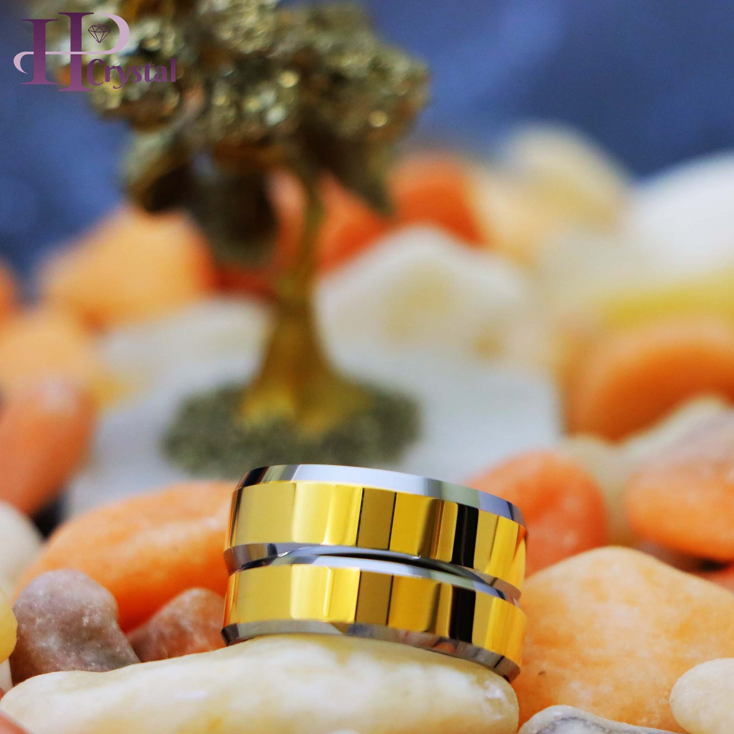 Polished Shiny Gold Plated Center & Beveled Edge Tungsten Ring (MARET167)