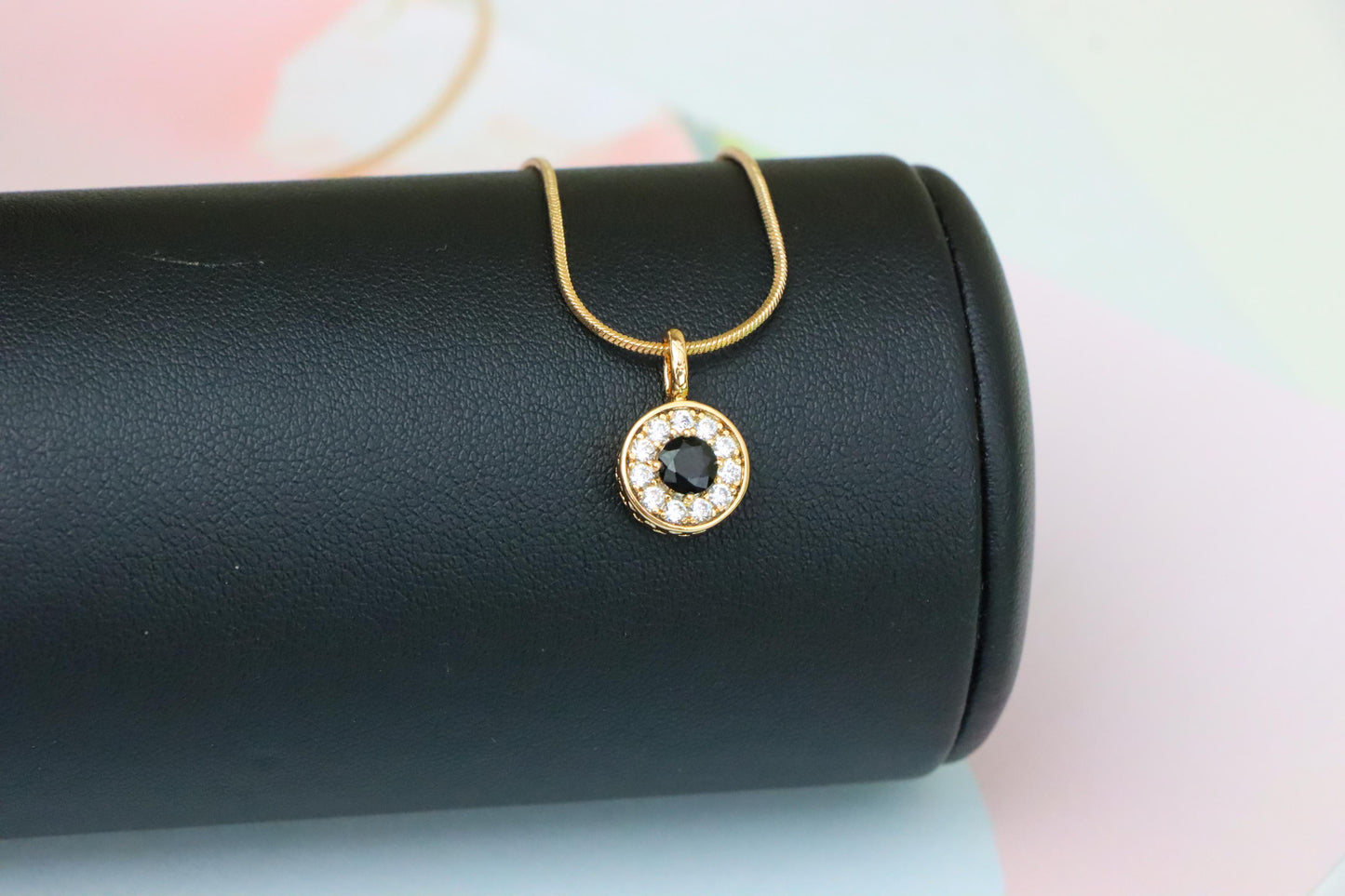 Black Center Round Pendant in Rose Gold with Crystal Halo, XPPT1595 (2146-9)