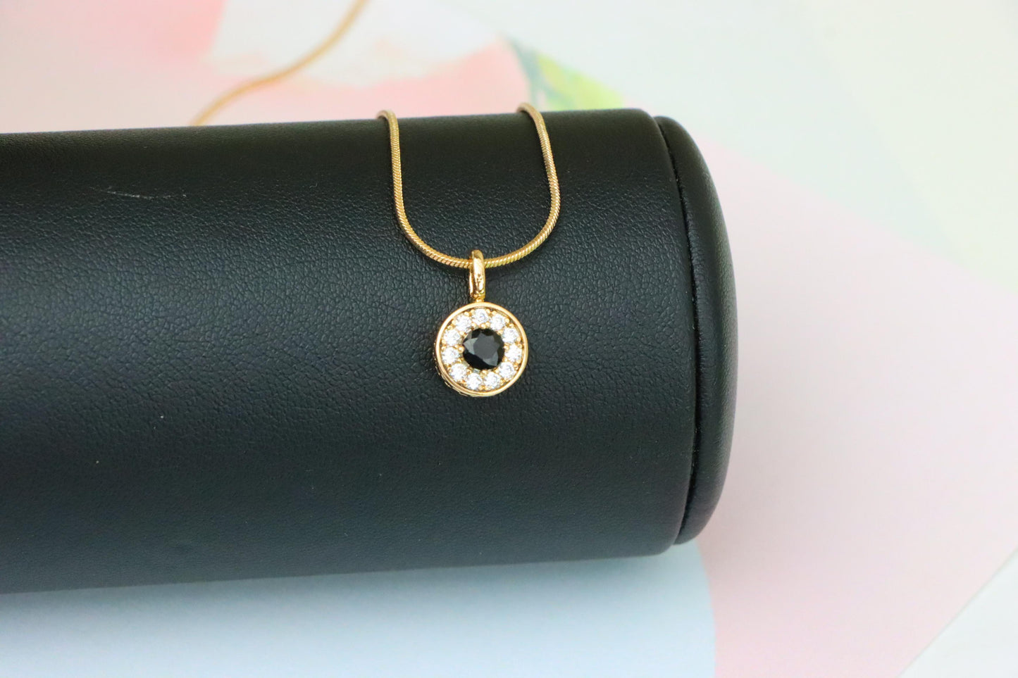 Black Center Round Pendant in Rose Gold with Crystal Halo, XPPT1595 (2146-9)