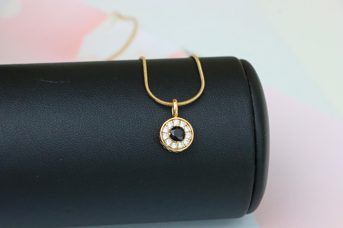 Black Center Round Pendant in Rose Gold with Crystal Halo, XPPT1595 (2146-9)