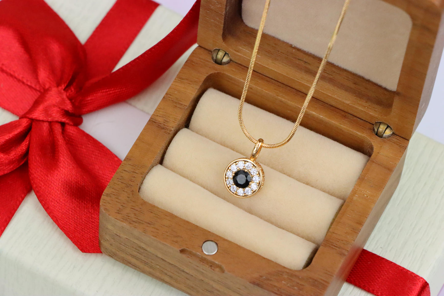 Black Center Round Pendant in Rose Gold with Crystal Halo, XPPT1595 (2146-9)