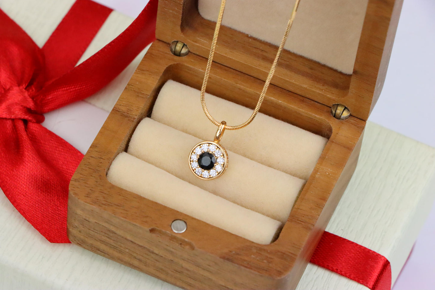 Black Center Round Pendant in Rose Gold with Crystal Halo, XPPT1595 (2146-9)