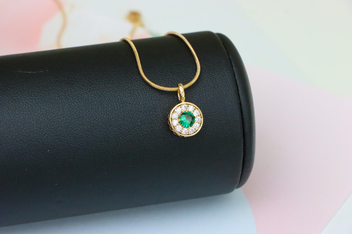 Green Crystal Halo Pendant in Rose Gold – Round Design, XPPT1596 (2146-9)