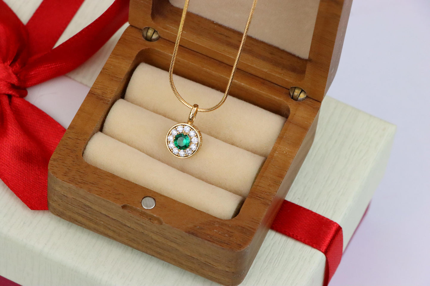 Green Crystal Halo Pendant in Rose Gold – Round Design, XPPT1596 (2146-9)