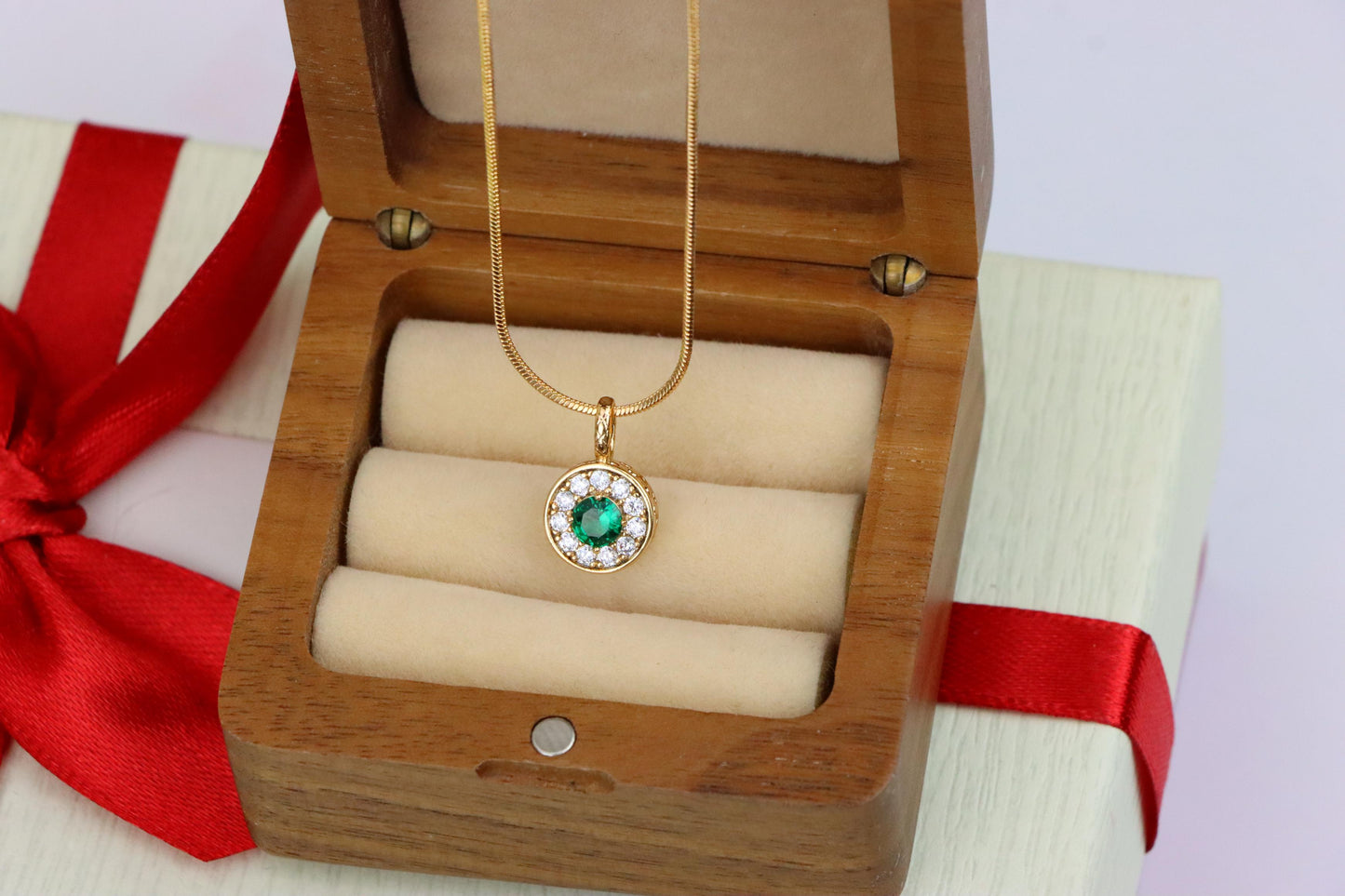 Green Crystal Halo Pendant in Rose Gold – Round Design, XPPT1596 (2146-9)