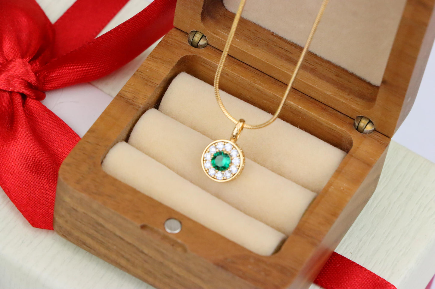 Green Crystal Halo Pendant in Rose Gold – Round Design, XPPT1596 (2146-9)