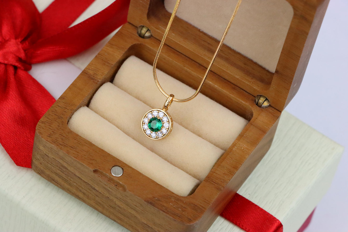 Green Crystal Halo Pendant in Rose Gold – Round Design, XPPT1596 (2146-9)