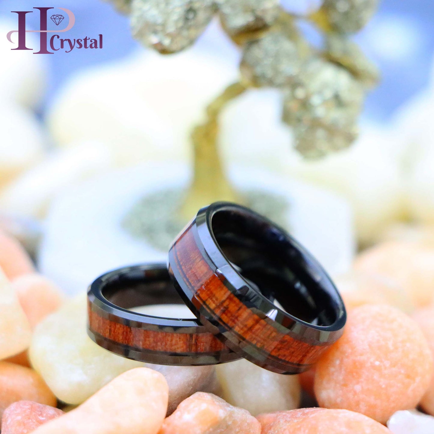 Black IP Plated Beveled Edge with Hawaiian Koa Wood Inlay Tungsten Ring