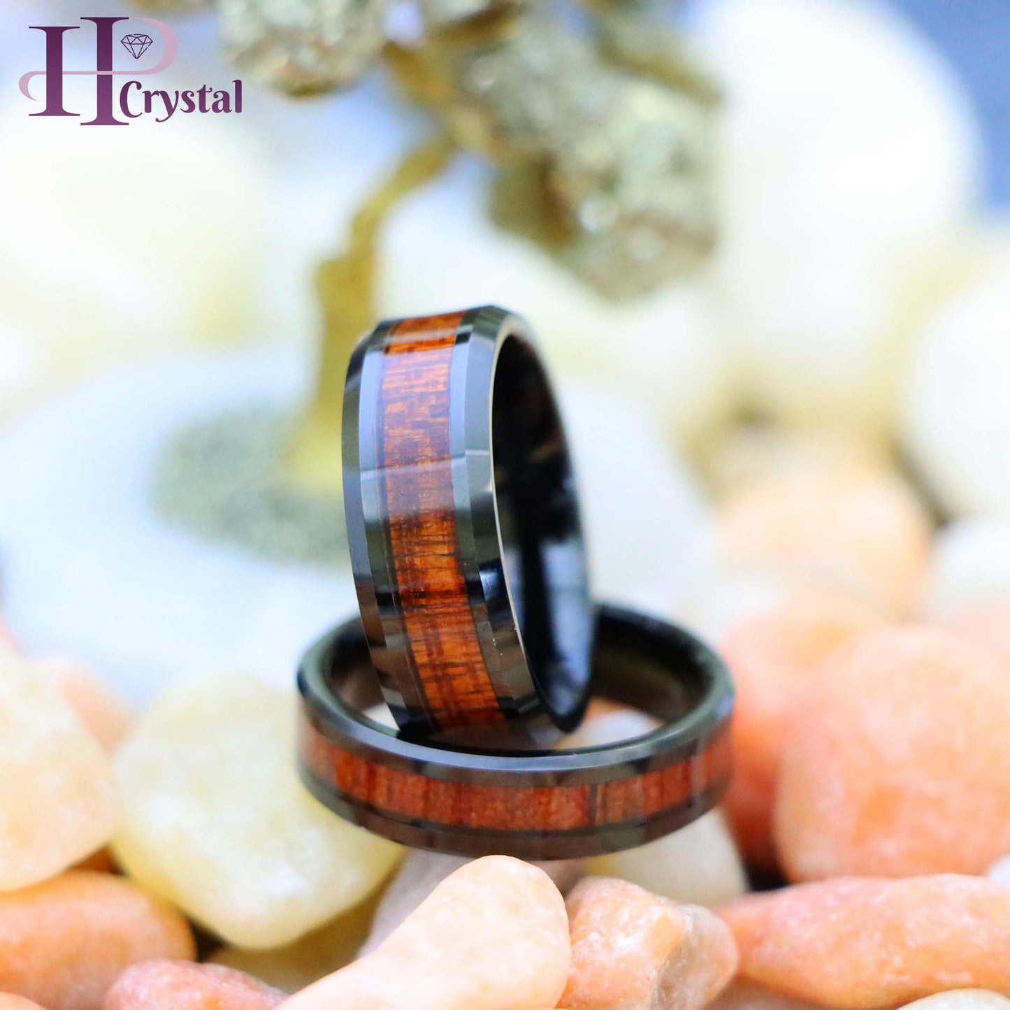 Black IP Plated Beveled Edge with Hawaiian Koa Wood Inlay Tungsten Ring