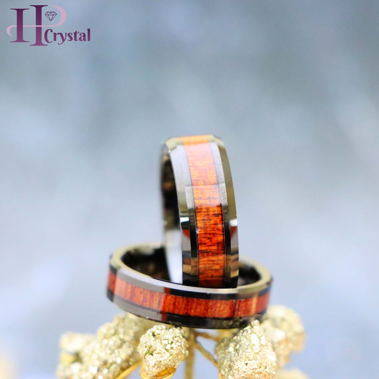Black IP Plated Beveled Edge with Hawaiian Koa Wood Inlay Tungsten Ring