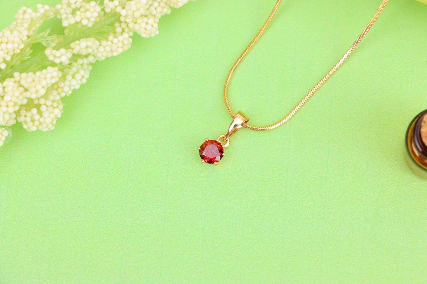 Tiny Round Red Stone Rose Gold Pendant – Minimalist Design, XPPT1600 (2147-3)