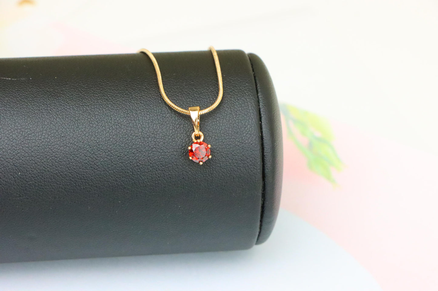 Tiny Round Red Stone Rose Gold Pendant – Minimalist Design, XPPT1600 (2147-3)