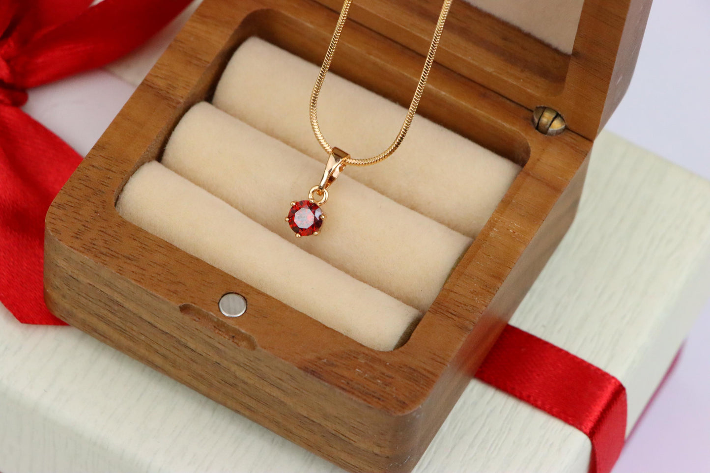 Tiny Round Red Stone Rose Gold Pendant – Minimalist Design, XPPT1600 (2147-3)