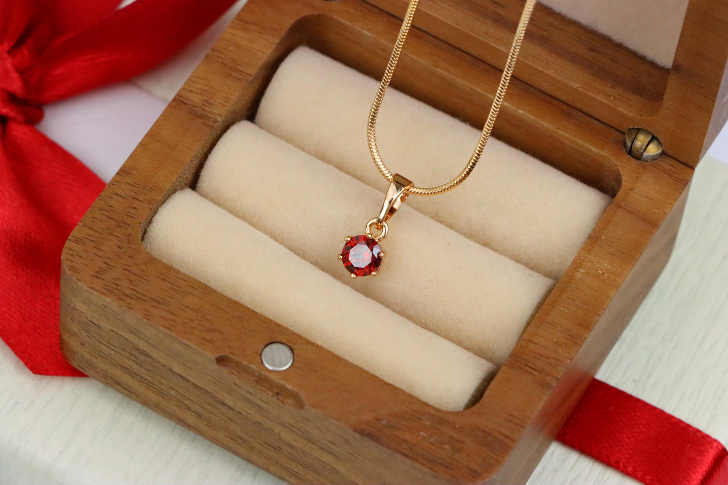 Tiny Round Red Stone Rose Gold Pendant – Minimalist Design, XPPT1600 (2147-3)