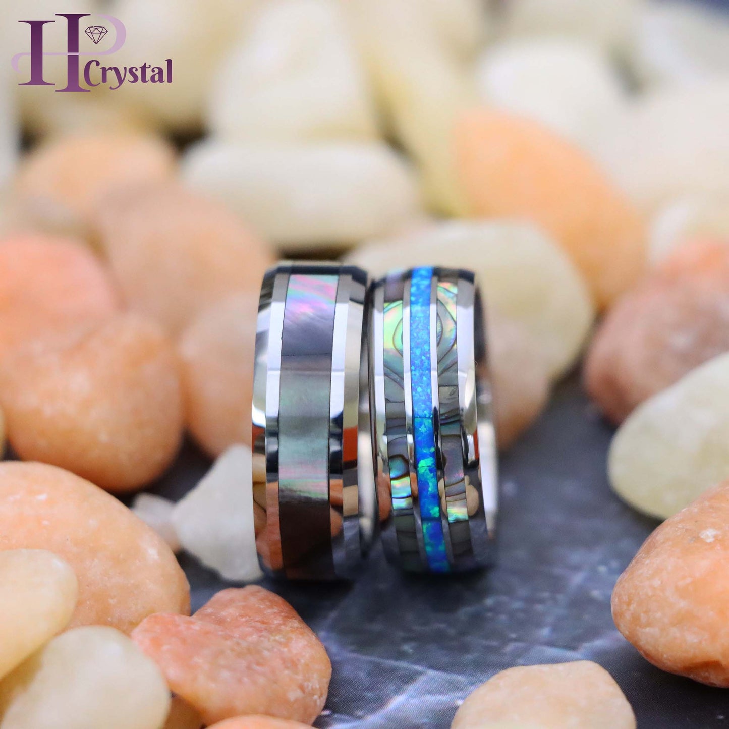 Men's Tungsten Ring with Natural Dark Mother of Pearl & Opal Inlay - Beveled Edge Domed Band (MARET903)