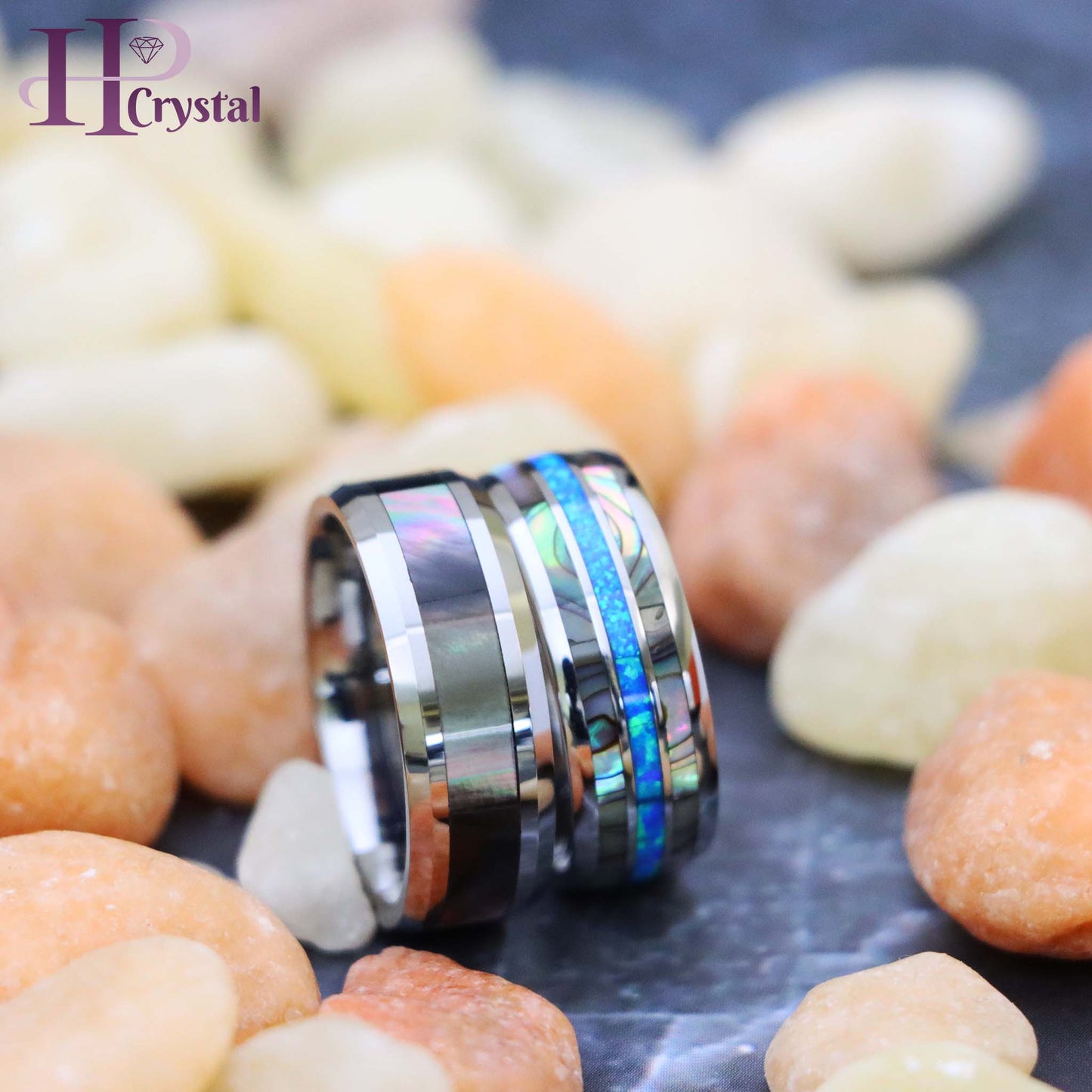 Men's Tungsten Ring with Natural Dark Mother of Pearl & Opal Inlay - Beveled Edge Domed Band (MARET903)