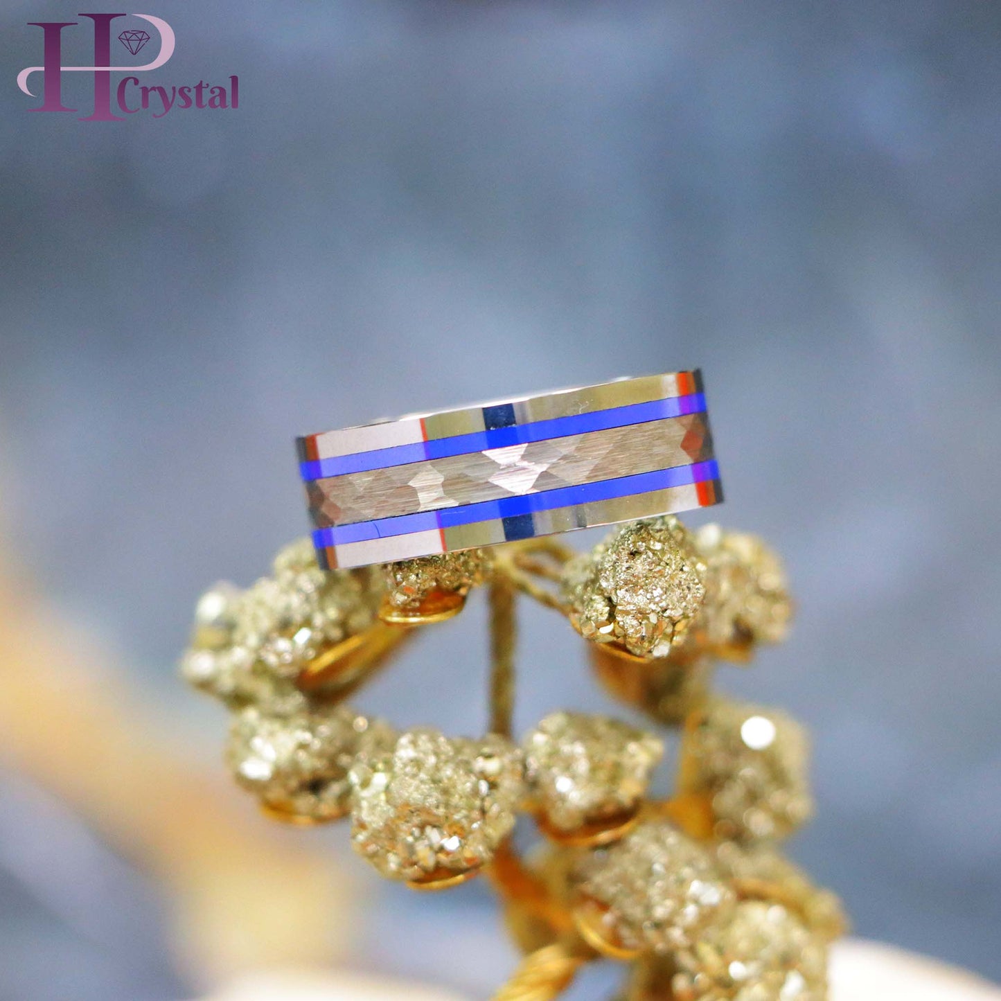 Pipe-Cut Hammered Center with Two Blue Hue/Bluish Trims Shiny Edges Tungsten Ring Yellow Gold IP Hammered Center with Black IP Plated Stripes Tungsten Ring (MARET712)