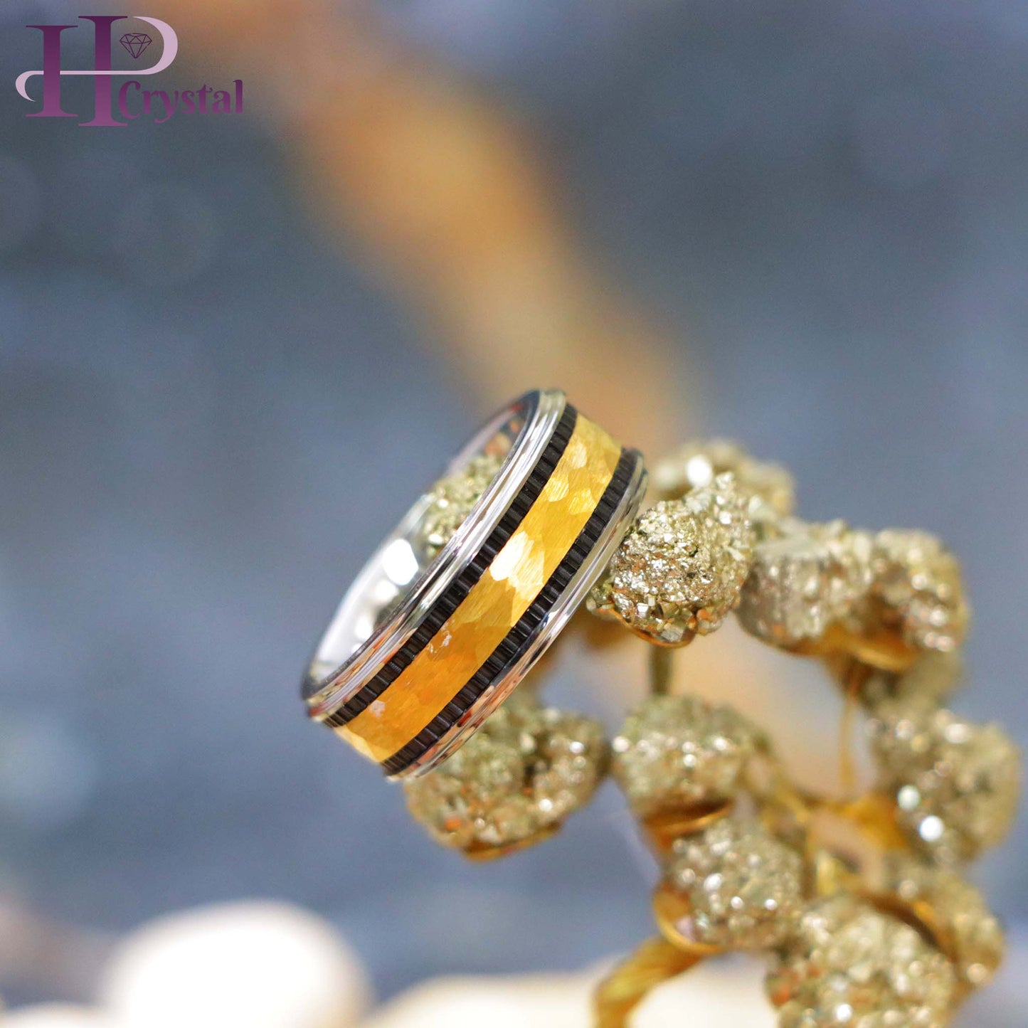 Pipe-Cut Hammered Center with Two Blue Hue/Bluish Trims Shiny Edges Tungsten Ring Yellow Gold IP Hammered Center with Black IP Plated Stripes Tungsten Ring (MARET712)