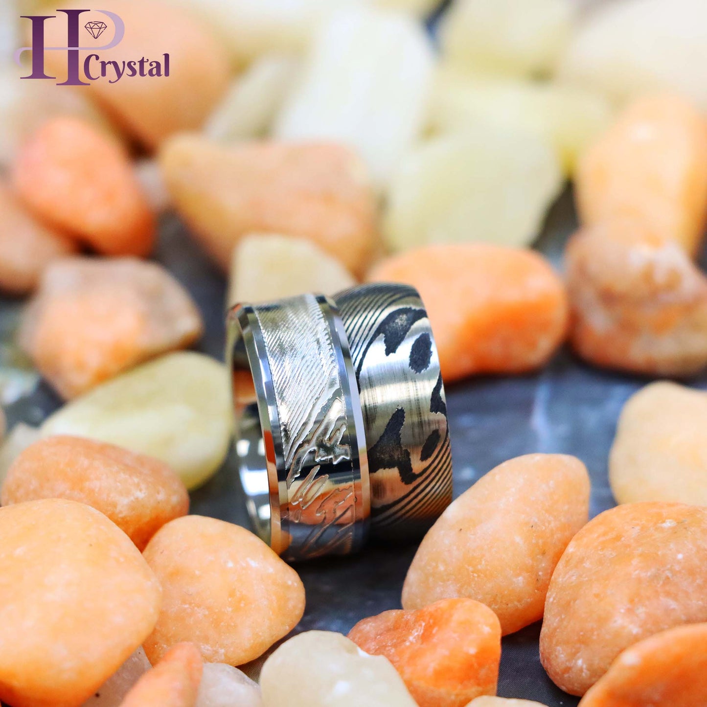 Laser Carved Mokume Gane Effect Low Beveled Edge/Damascus Black & Steel Tungsten Ring