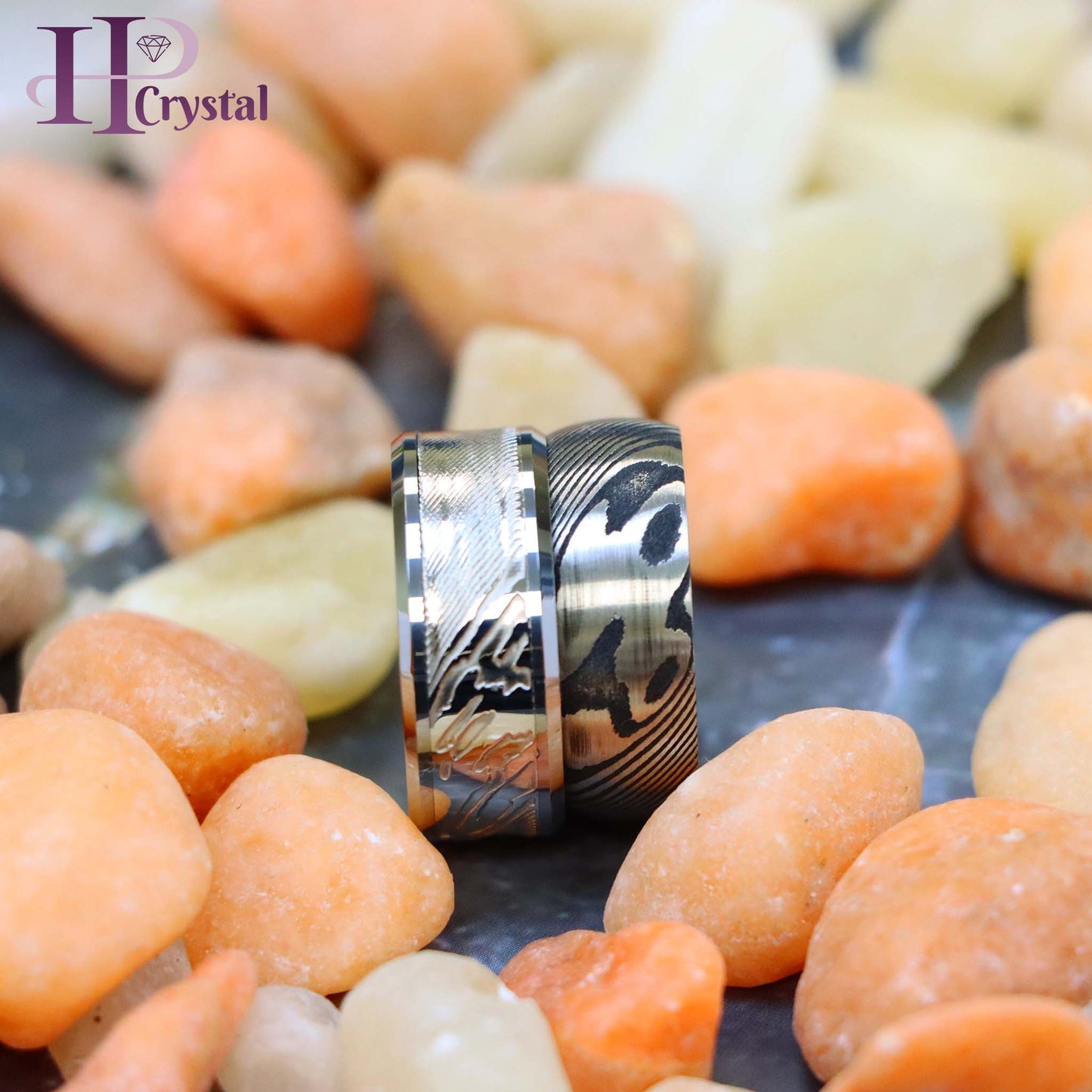 Laser Carved Mokume Gane Effect Low Beveled Edge/Damascus Black & Steel Tungsten Ring
